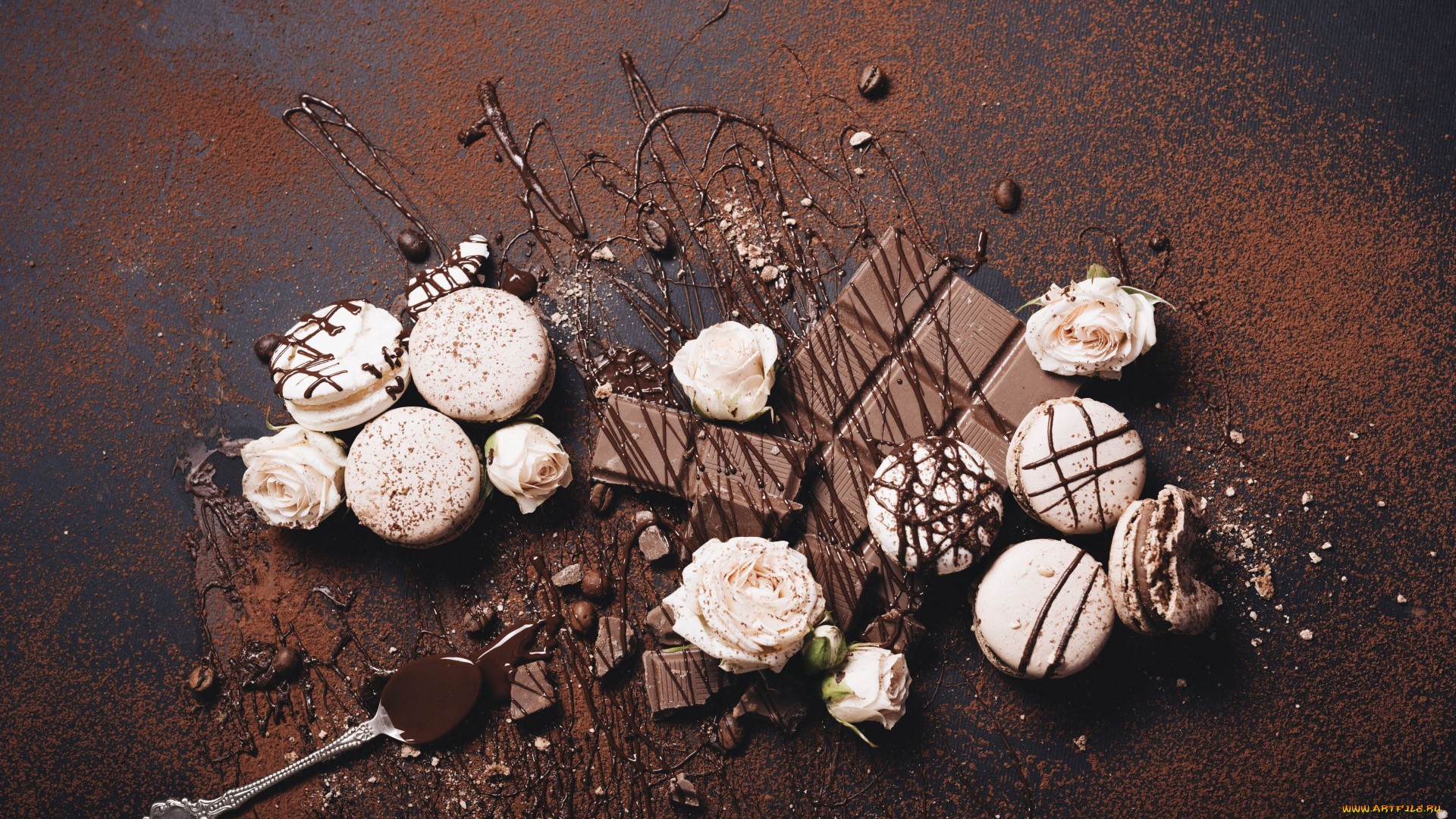 еда, макаруны, лакомство, печенье, розы, шоколад