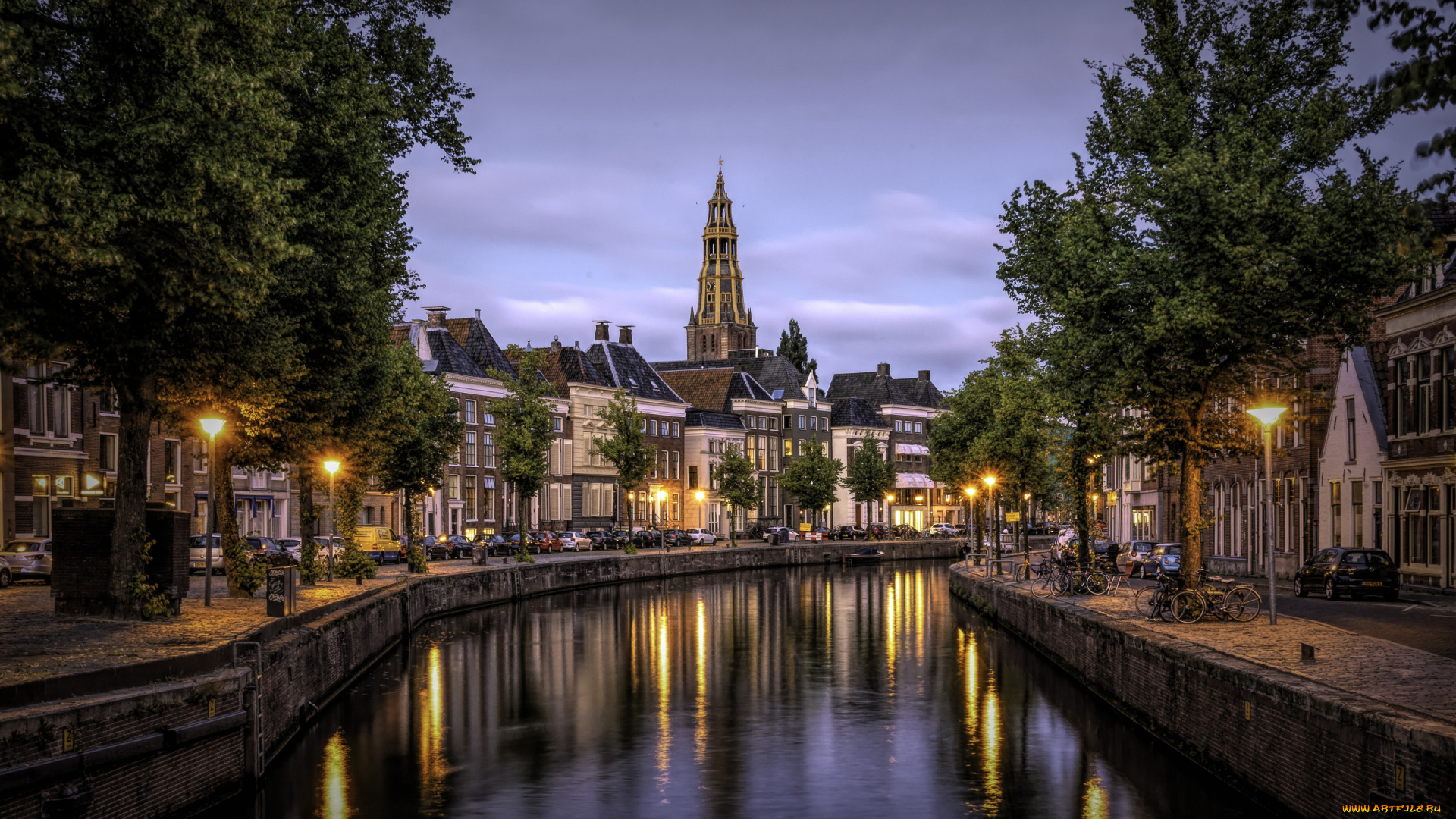 groningen, netherlands, города, -, огни, ночного, города