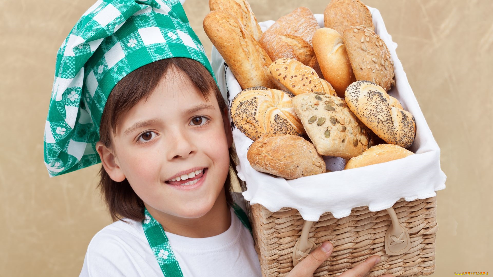 разное, дети, мальчик, пекарь, колпак, корзина, хлеб
