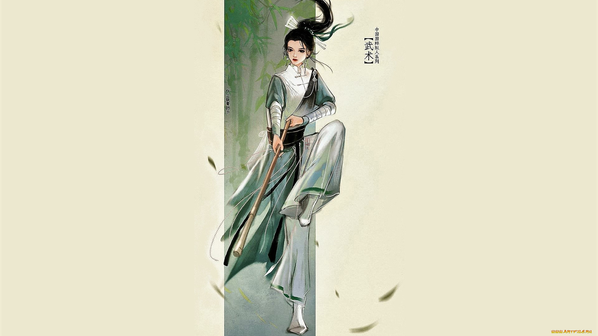 рисованное, люди, девушка, трость, бамбук