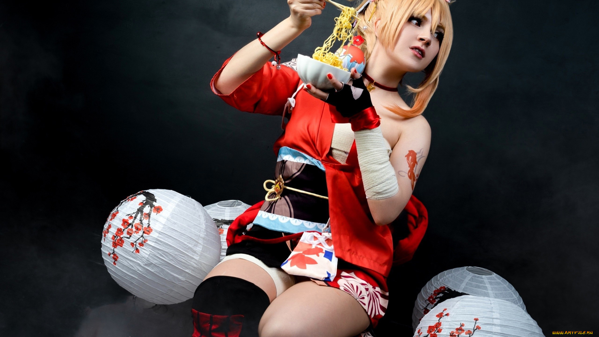 девушки, -, креатив, , косплей, образ, костюм, фонарики, лапша, палочки