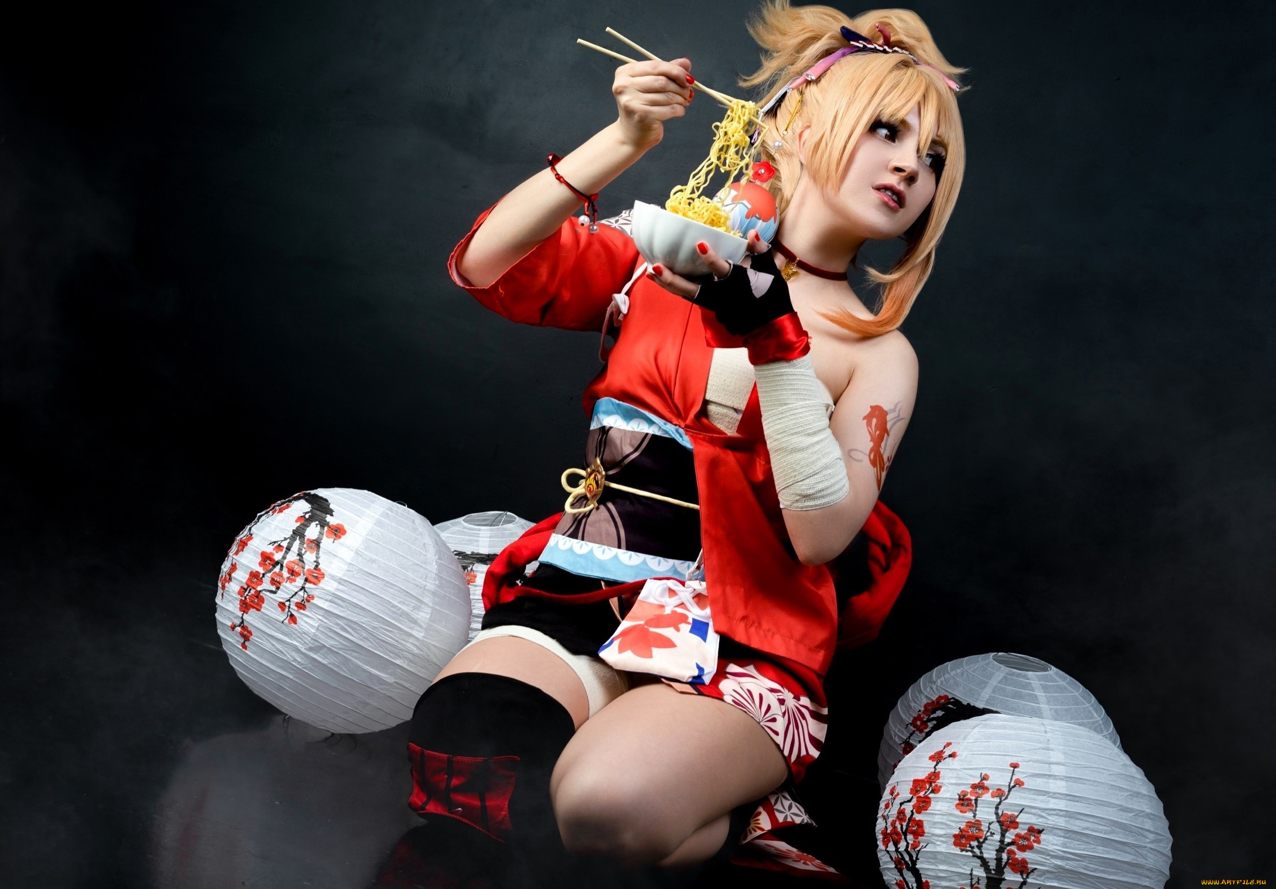 девушки, -, креатив, , косплей, образ, костюм, фонарики, лапша, палочки