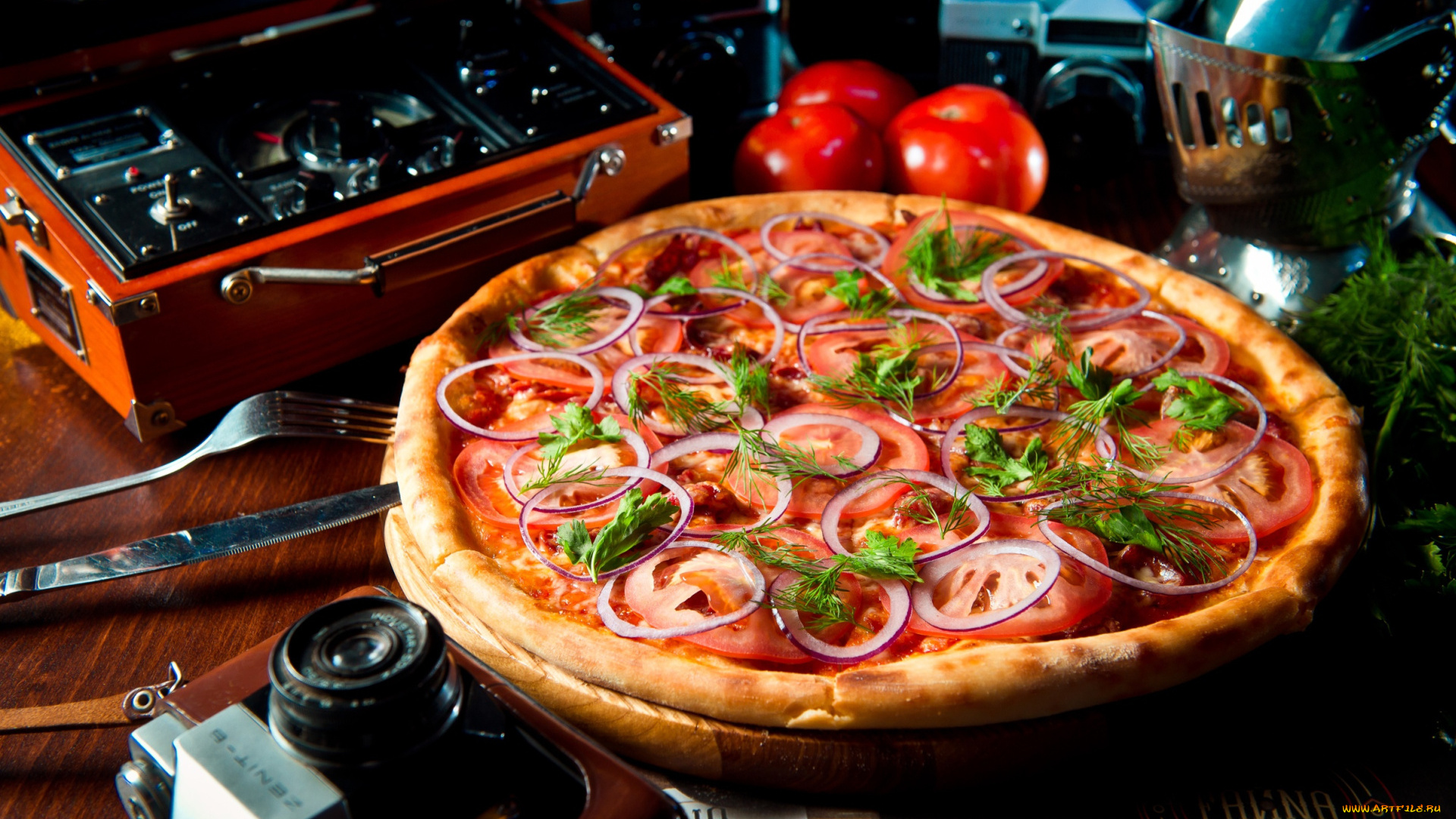 еда, пицца, укроп, помидоры, лук