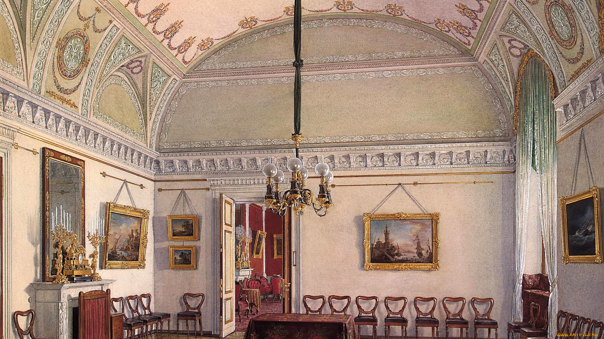 рисованное, эдуард, гау, дворец, интерьер, зал, свод, лепнина, люстра, стол, картины, стулья