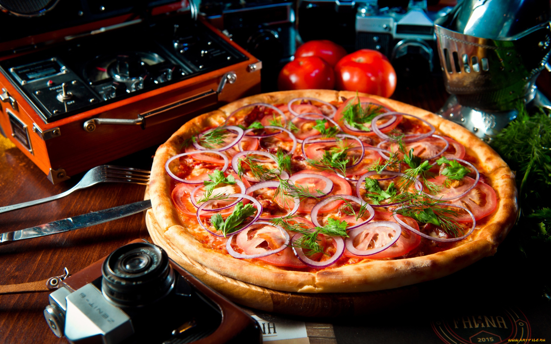 еда, пицца, укроп, помидоры, лук