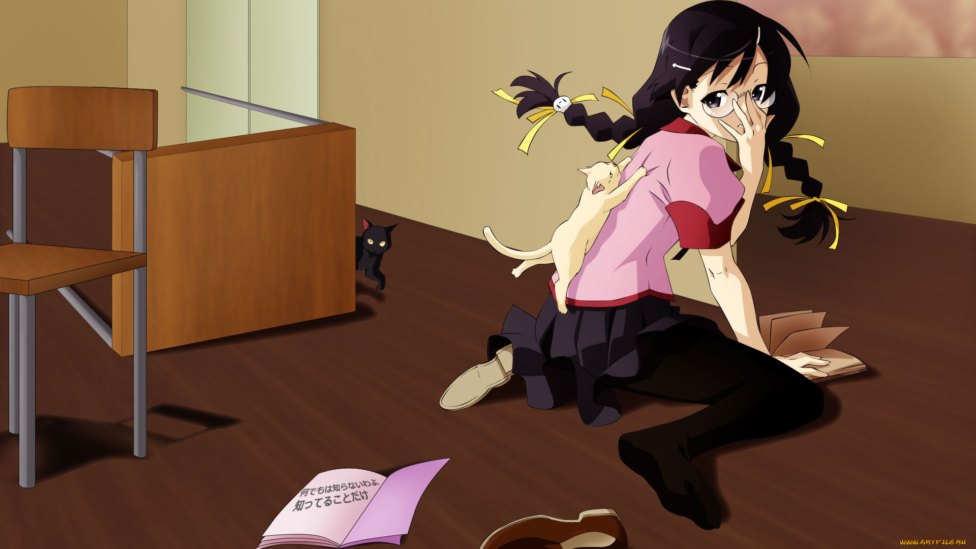 аниме, bakemonogatari, hanekawa, tsubasa, девушка, косички, бант, лента, кошка, животное, комната, форма, ботинки, тетрадь, стол, стул, очки