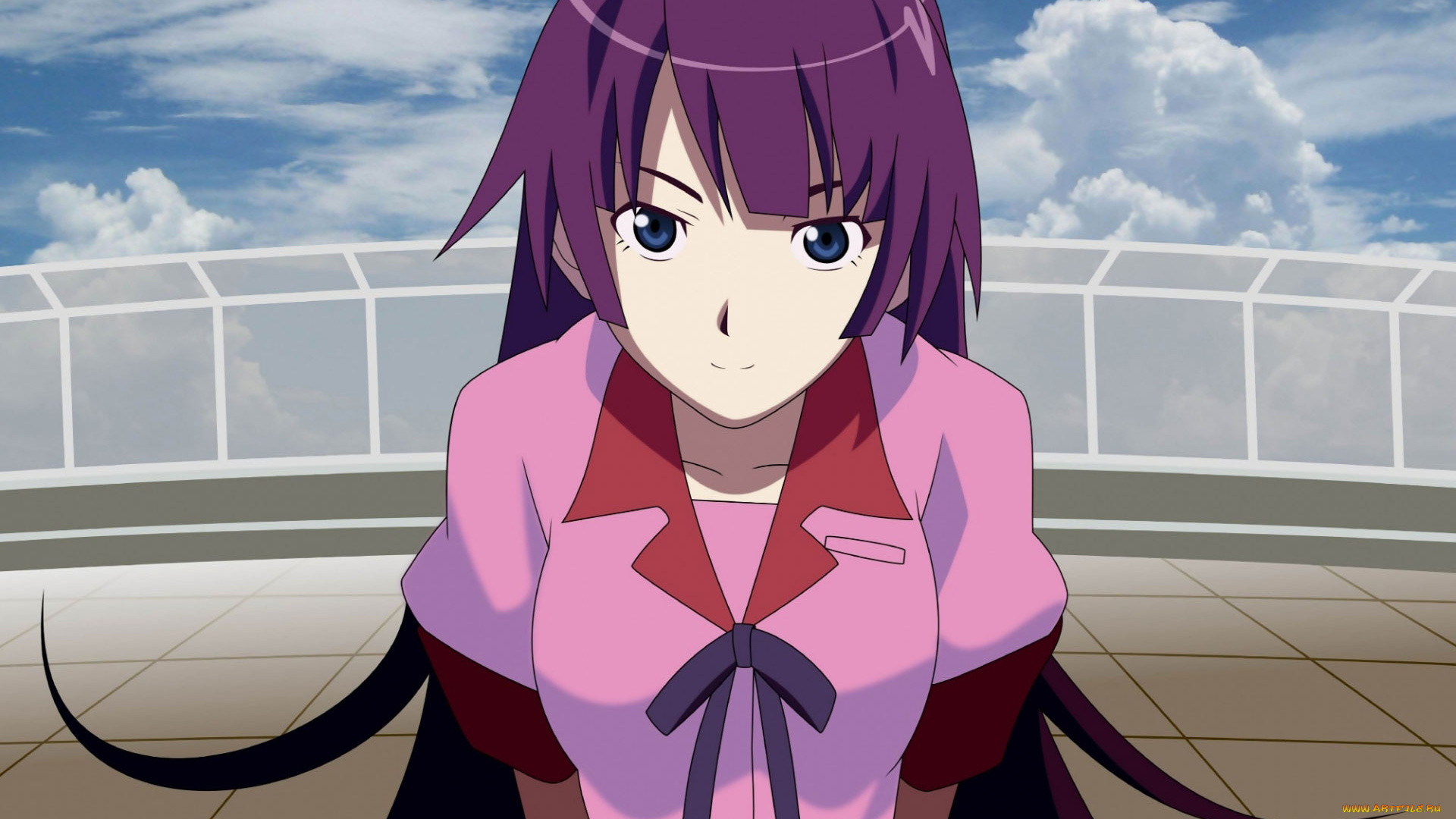 аниме, bakemonogatari, senjougahara, hitagi, девушка, форма, крыша, школа, небо, облака, ограждение