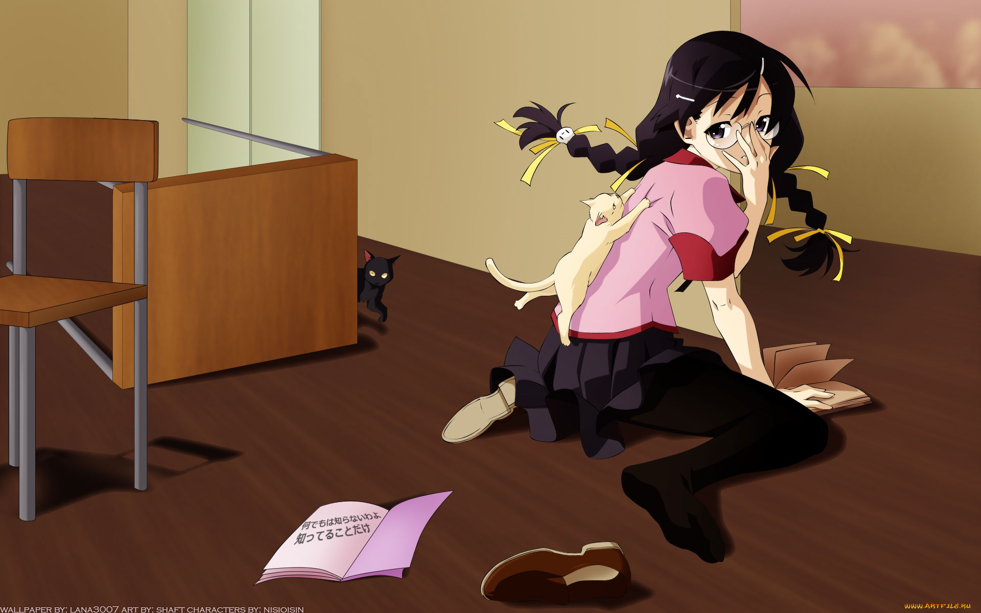аниме, bakemonogatari, hanekawa, tsubasa, девушка, косички, бант, лента, кошка, животное, комната, форма, ботинки, тетрадь, стол, стул, очки