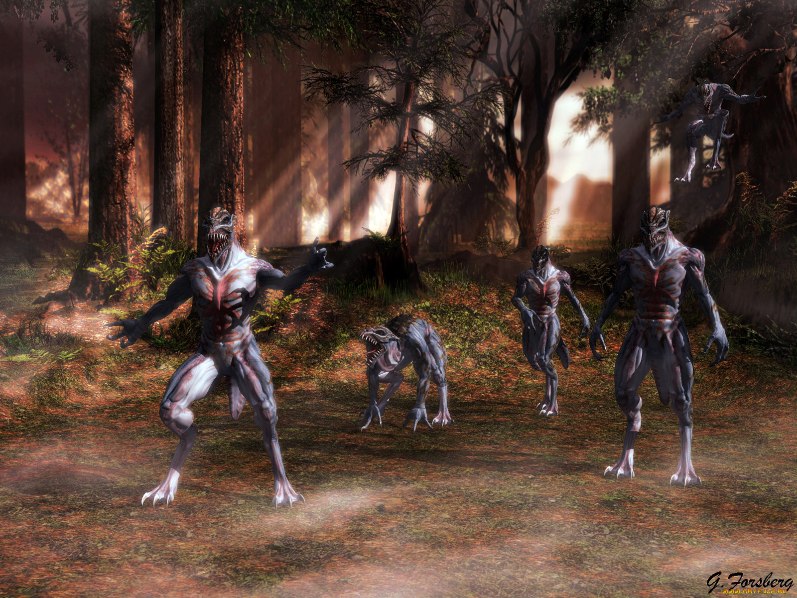 3д, графика, creatures, существа, лучи, лес