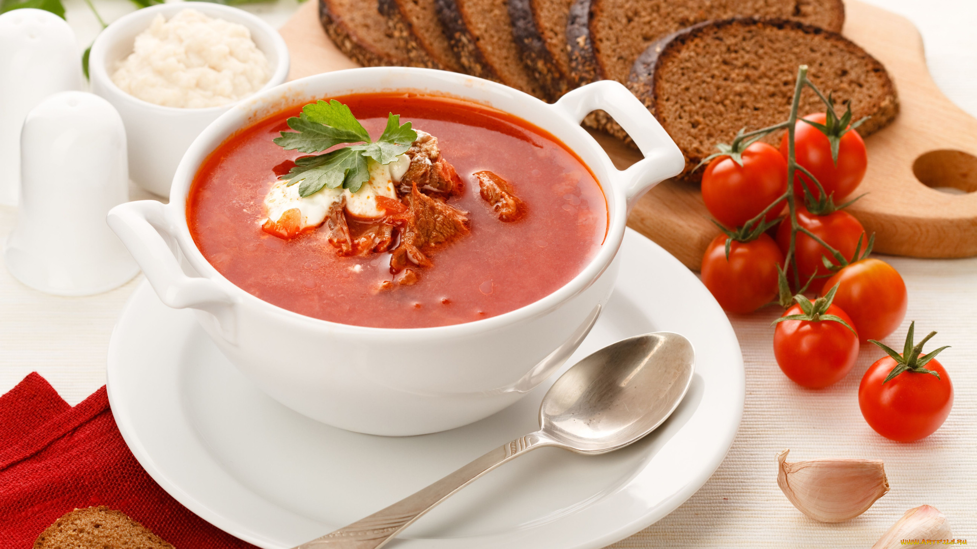 еда, первые, блюда, хлеб, помидоры, чеснок, борщ, томаты
