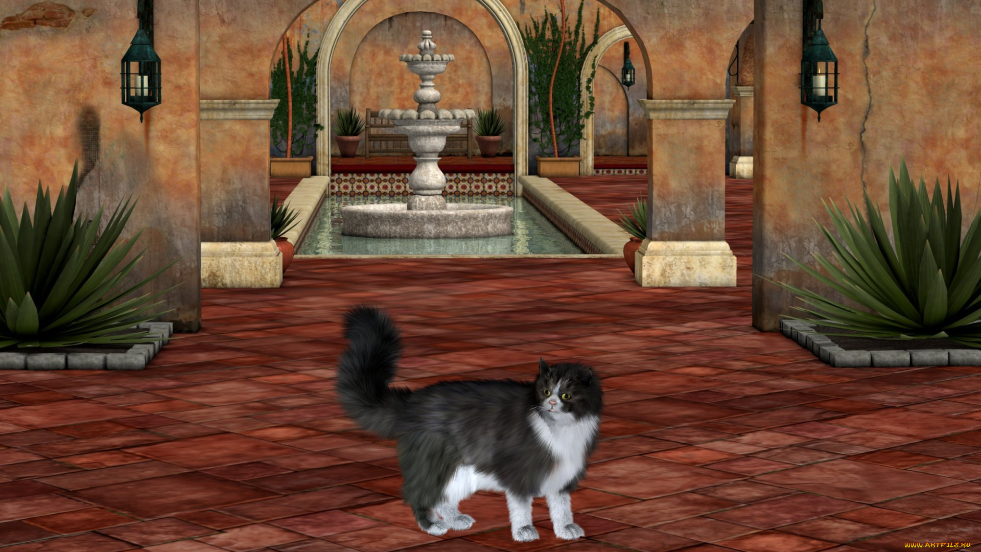 3д, графика, animals, животные, растение, кот, комната