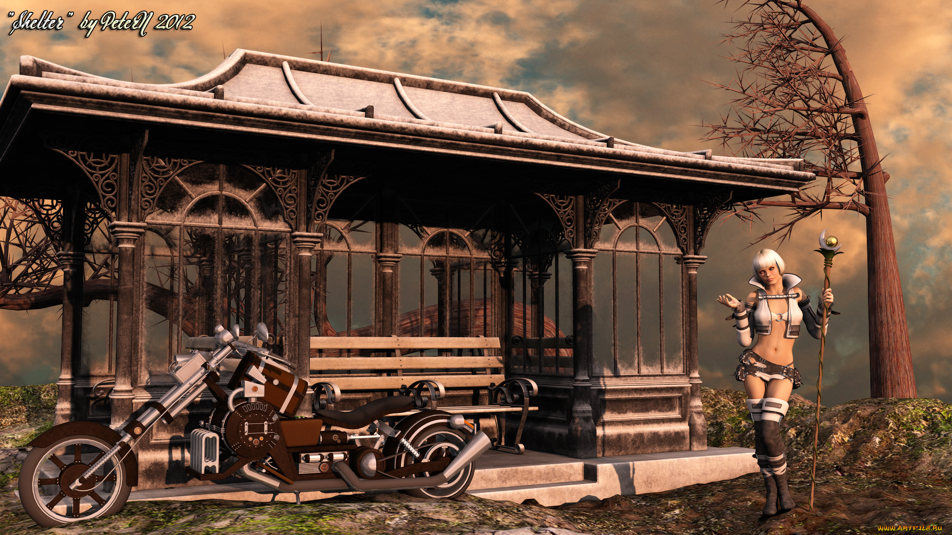 3д, графика, fantasy, фантазия, девушка, мотоцикл, дом
