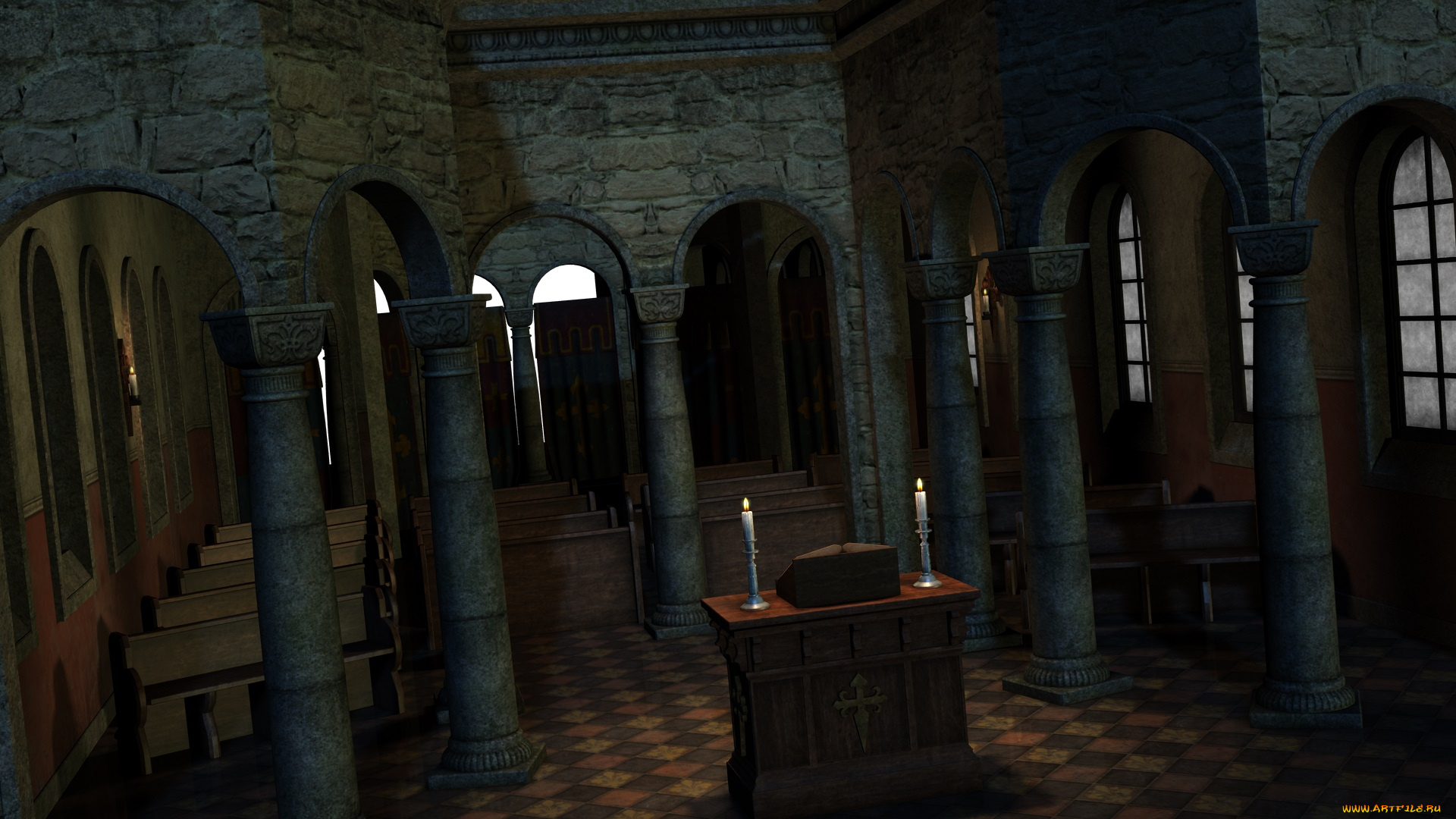 3д, графика, religion, религия, стол, свечи, колонны