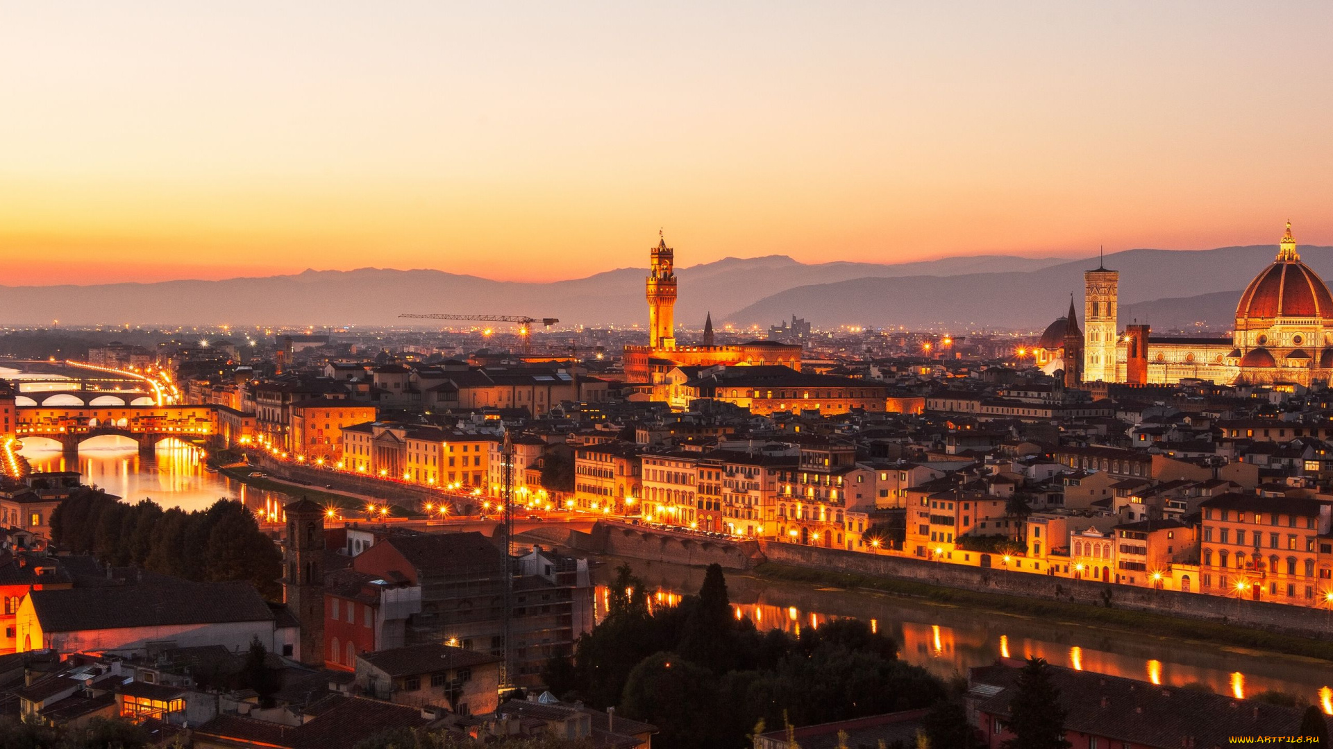 florence, tuscany, italy, города, флоренция, италия, ночной, город, тоскана, мосты, arno, river, река, арно, собор, панорама, здания