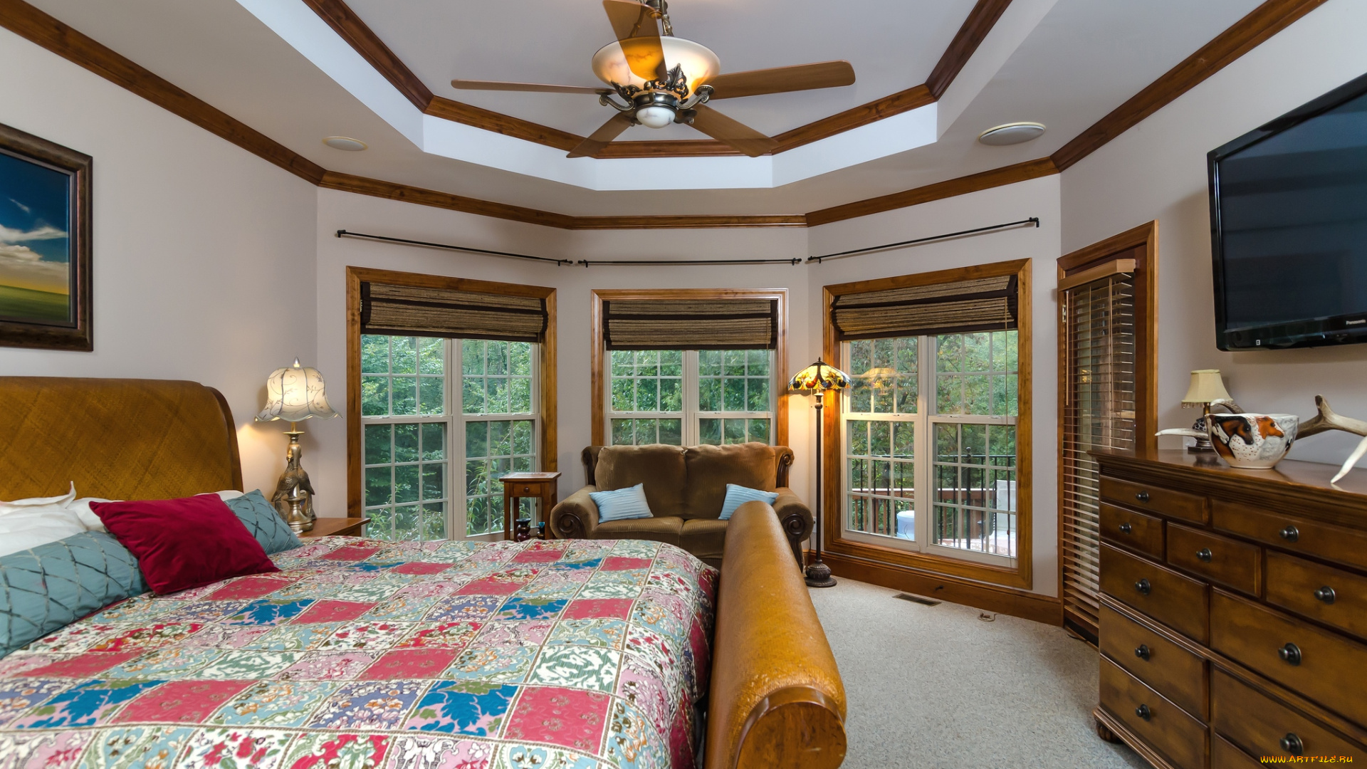 интерьер, спальня, кровать, окна