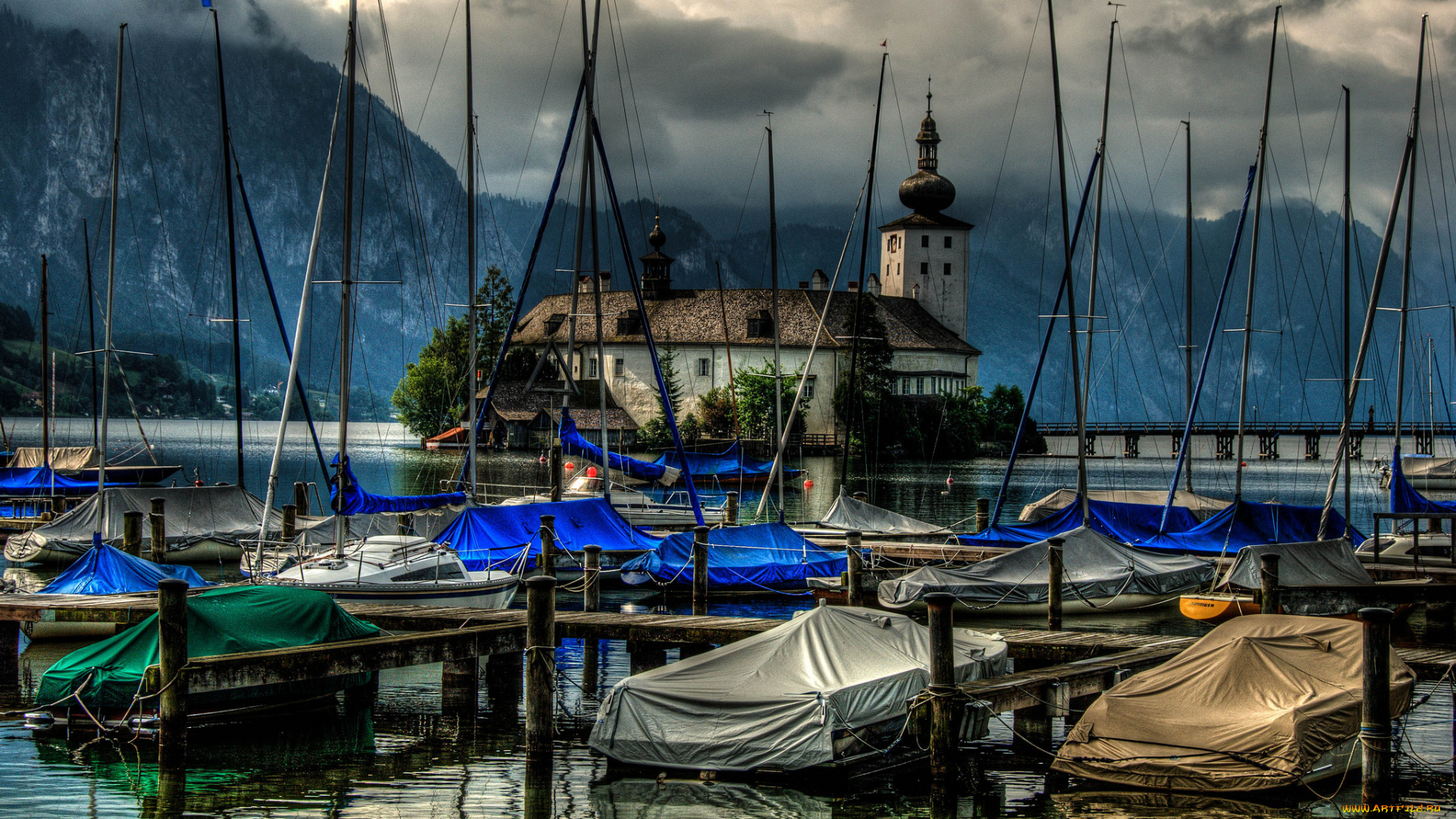 корабли, порты, причалы, чехлы, яхты, катера, пристань, озеро, горы