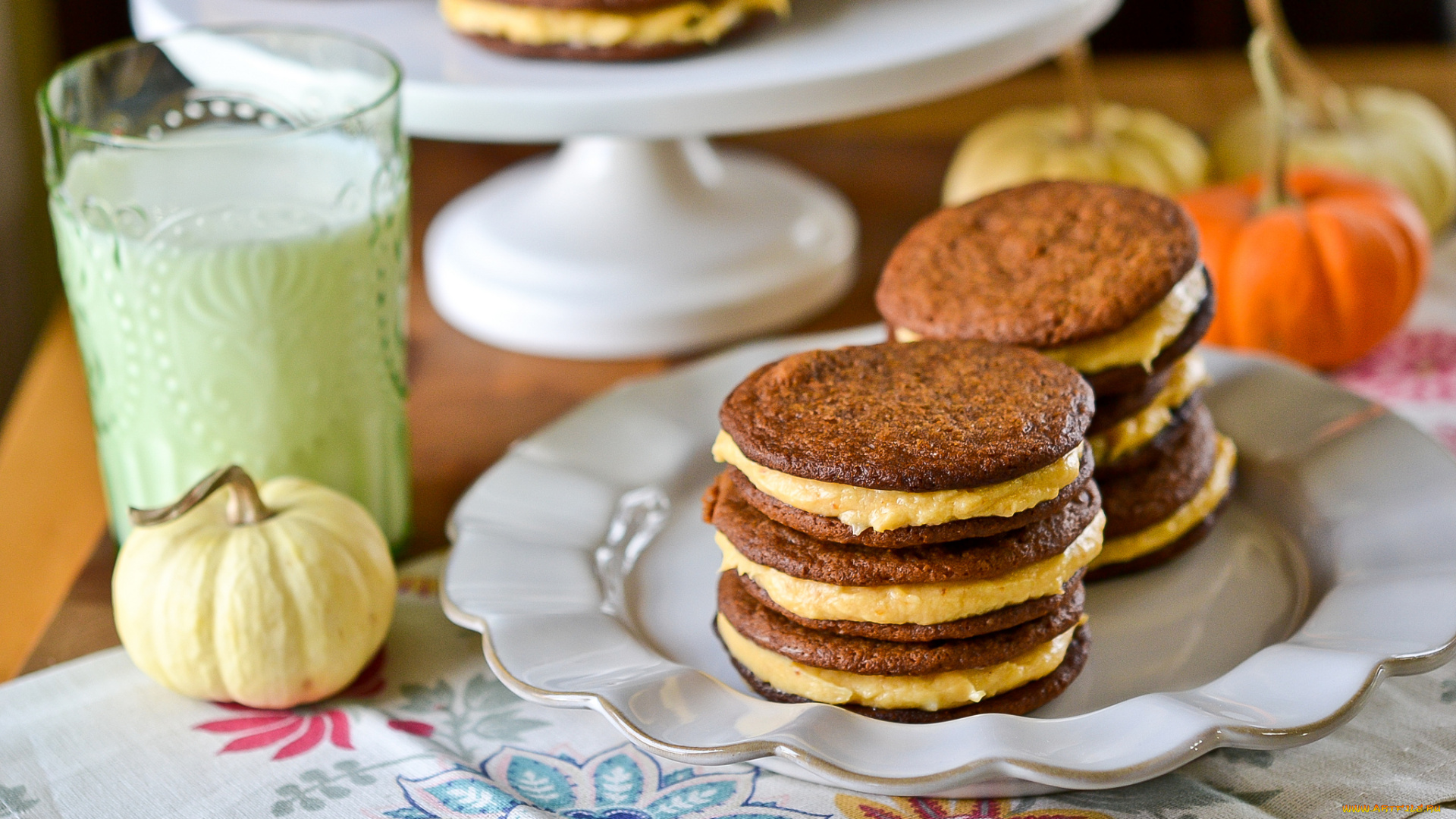 pumpkin, cream, cookie, sandwiches, еда, пирожные, кексы, печенье, тыквы, молоко