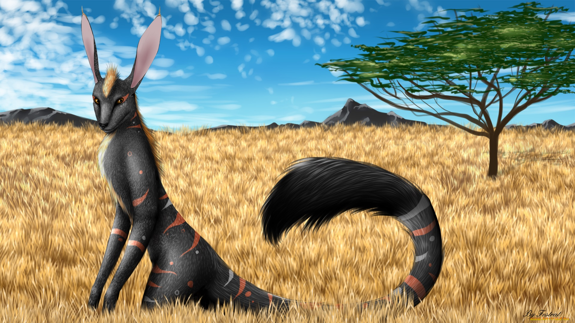 рисованные, животные, сказочные, мифические, дерево, савана