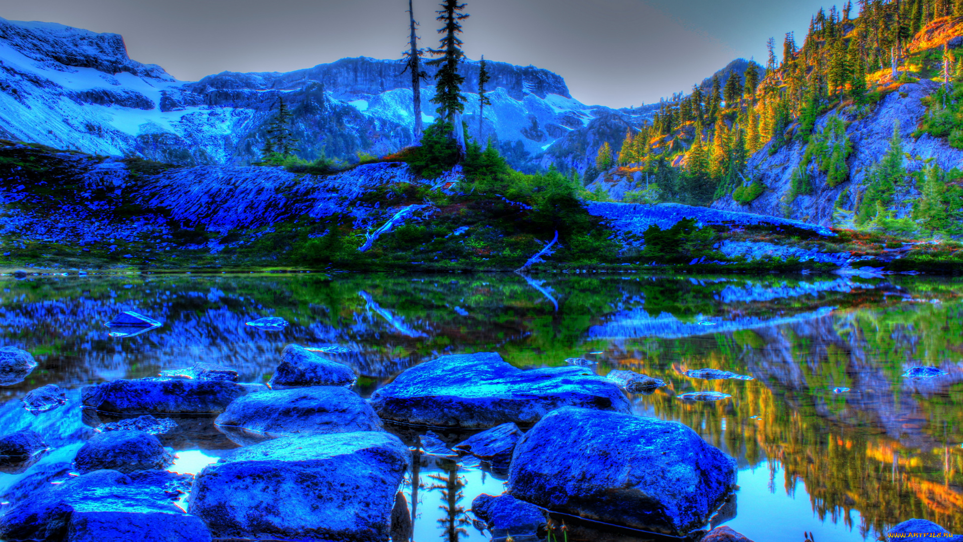 washington, usа, природа, парк, горы, лучи, солнца, лес, озеро