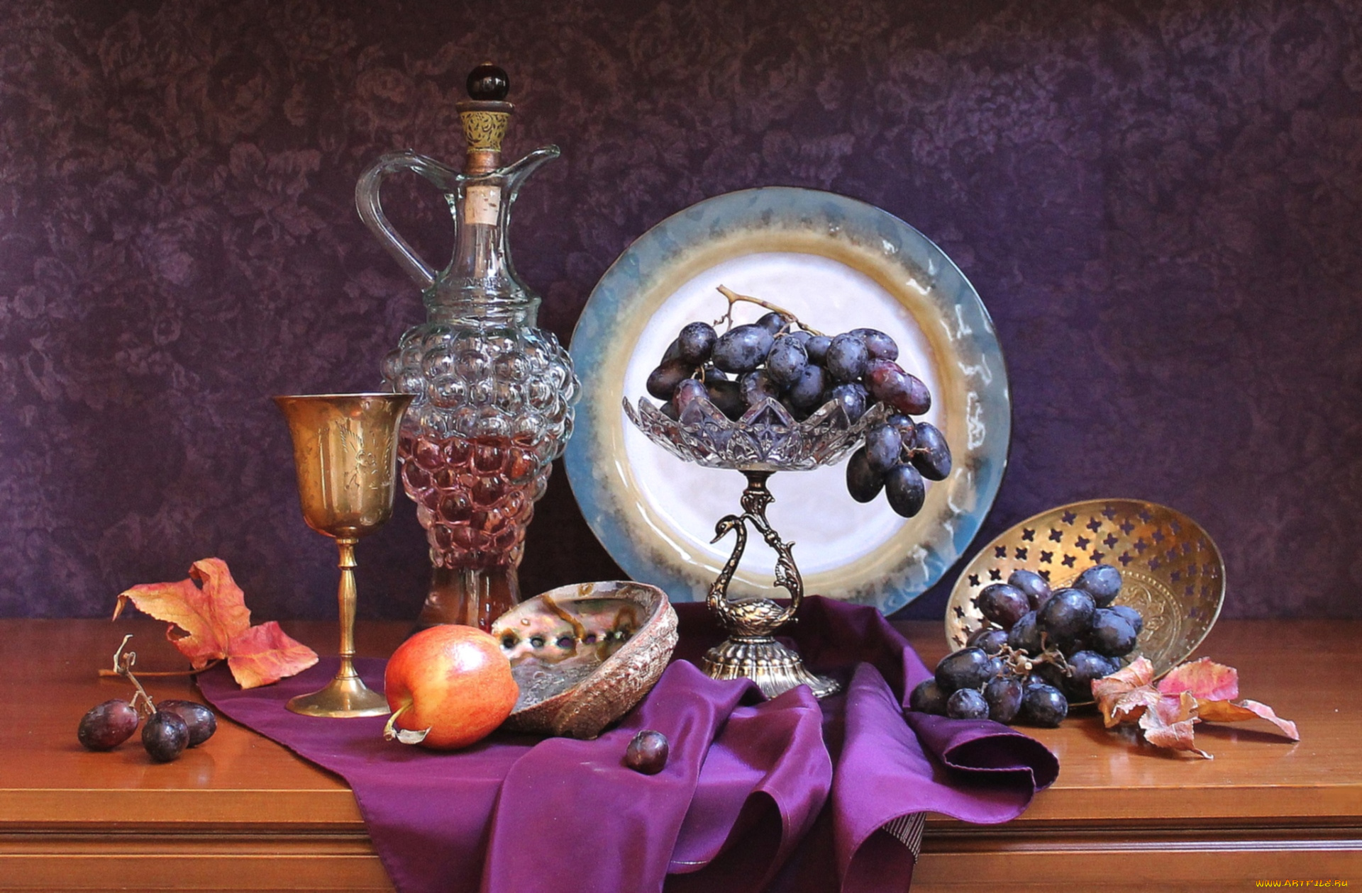 еда, натюрморт, яблоко, виноград, вино