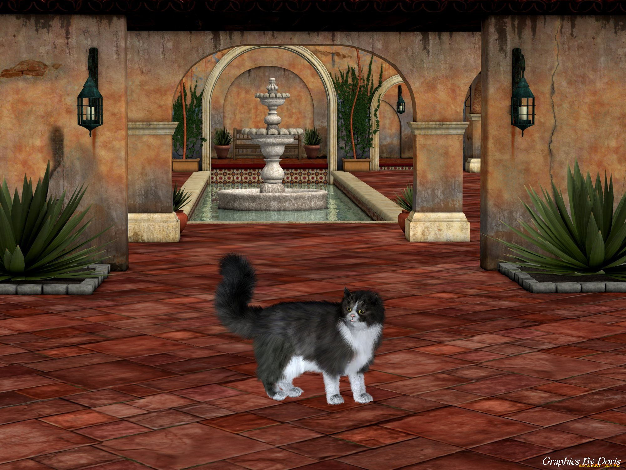 3д, графика, animals, животные, растение, кот, комната