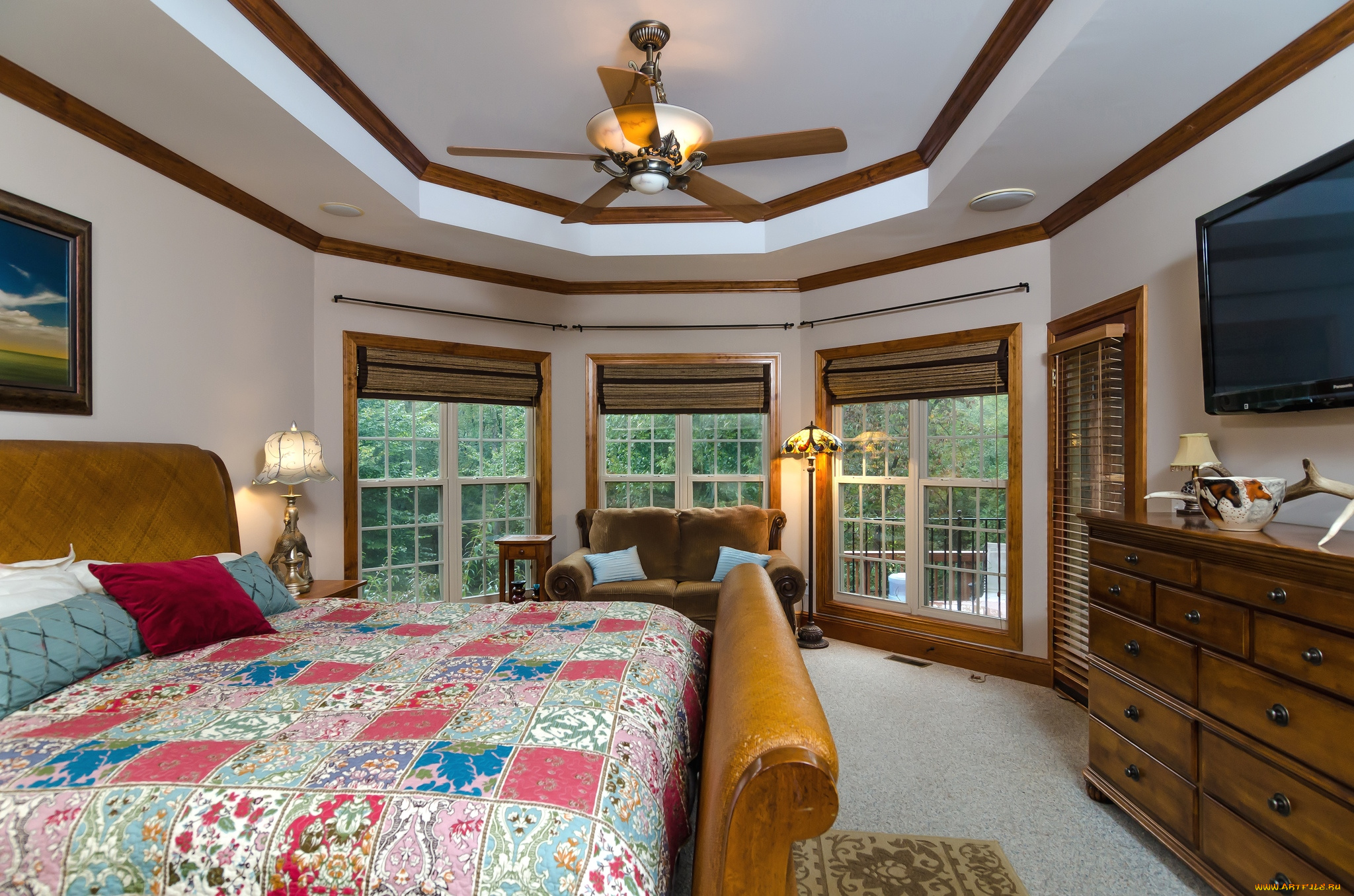 интерьер, спальня, кровать, окна