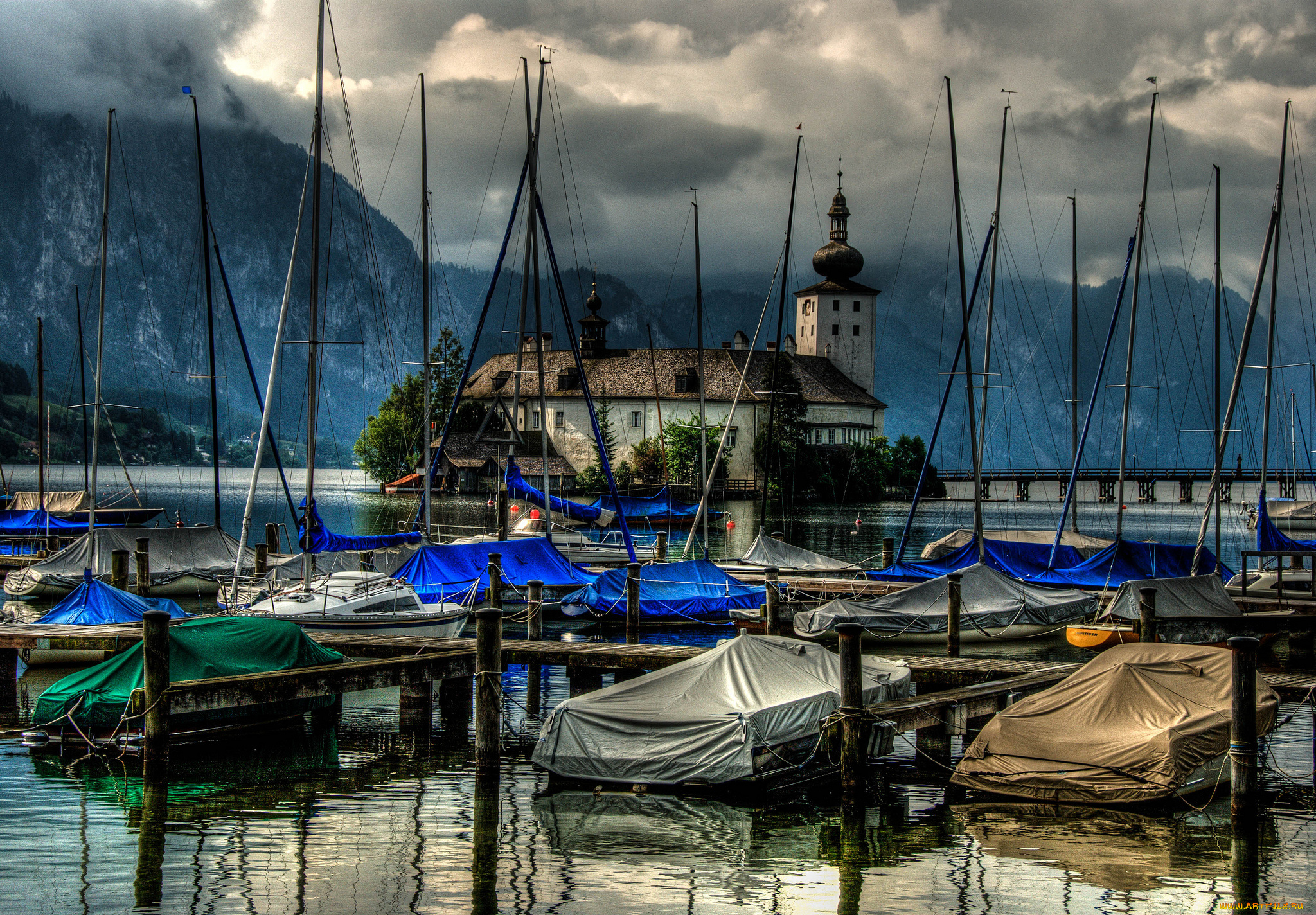 корабли, порты, причалы, чехлы, яхты, катера, пристань, озеро, горы