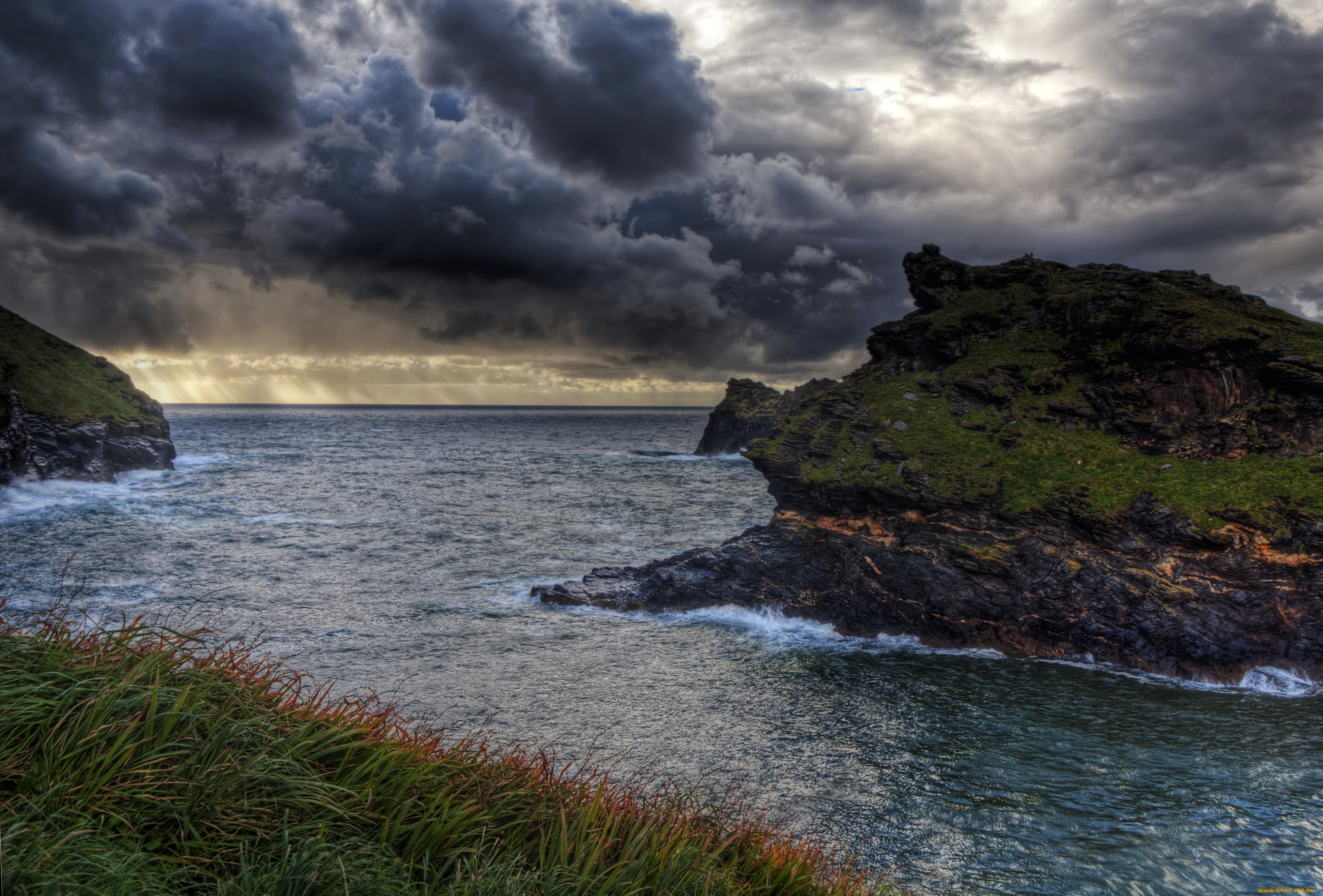 корнуолл, англия, природа, побережье, валуны, река