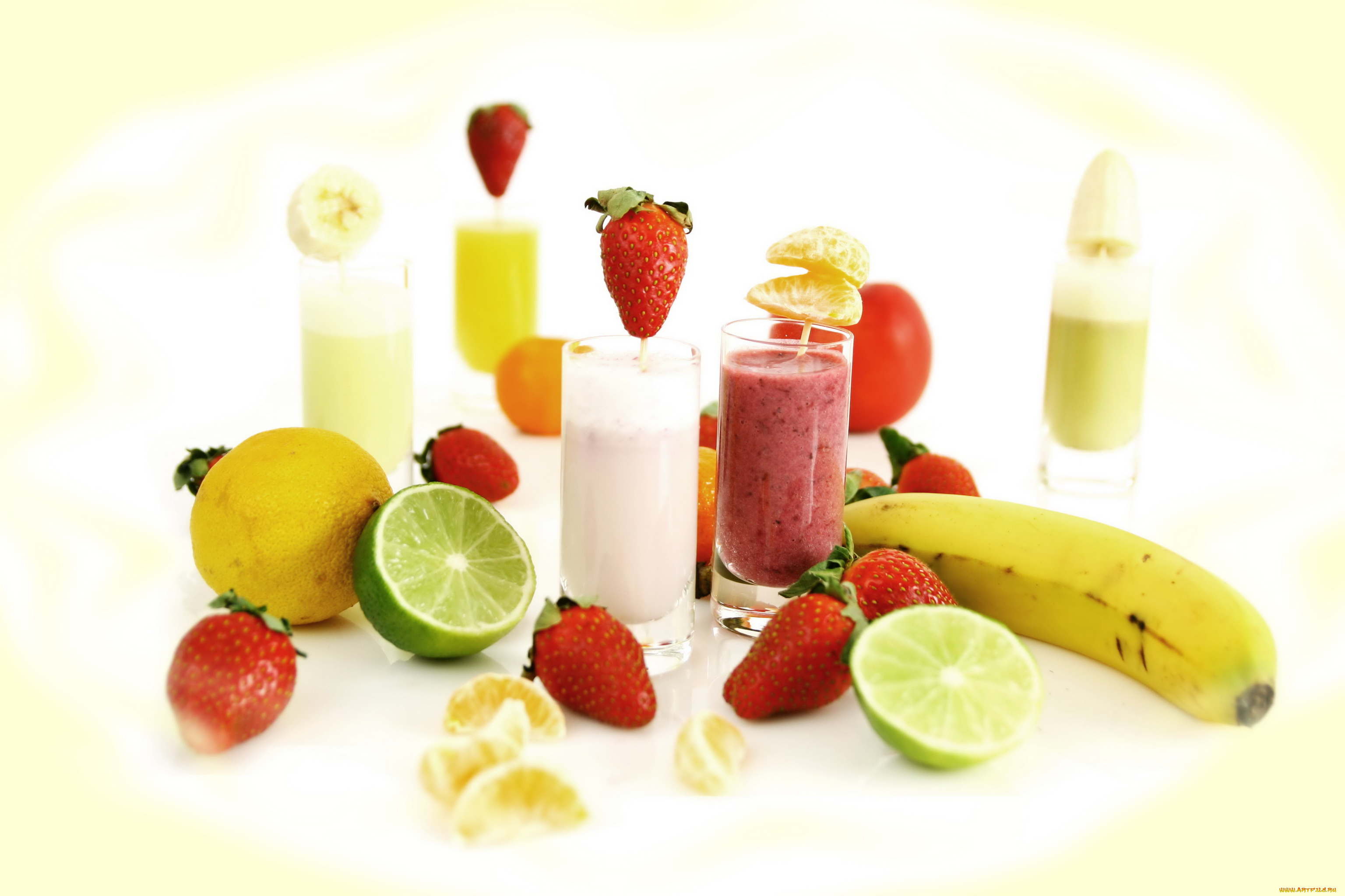 еда, напитки, сок, клубника, банан, лимон