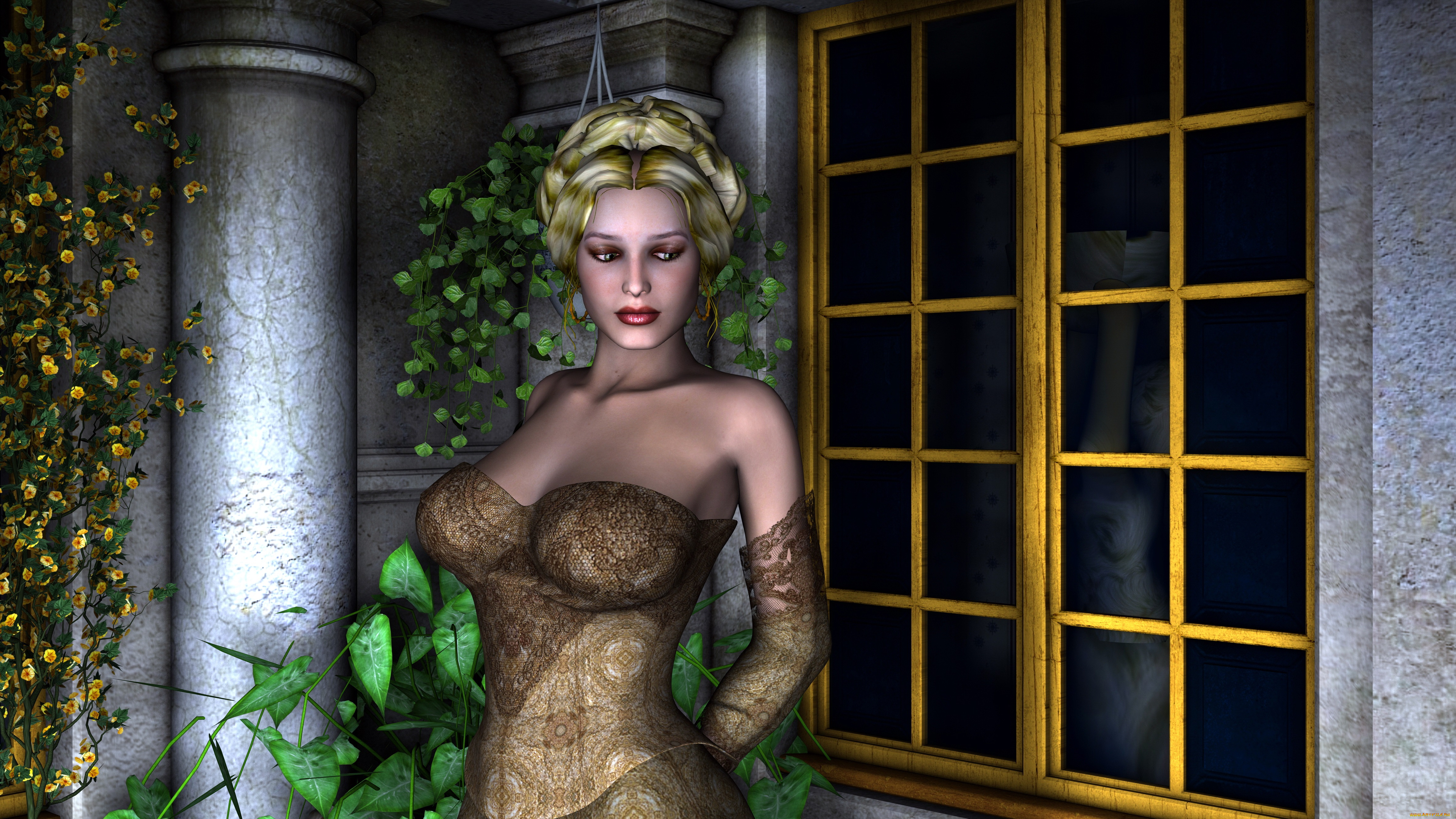 3д, графика, people, люди, девушка, взгляд, растения