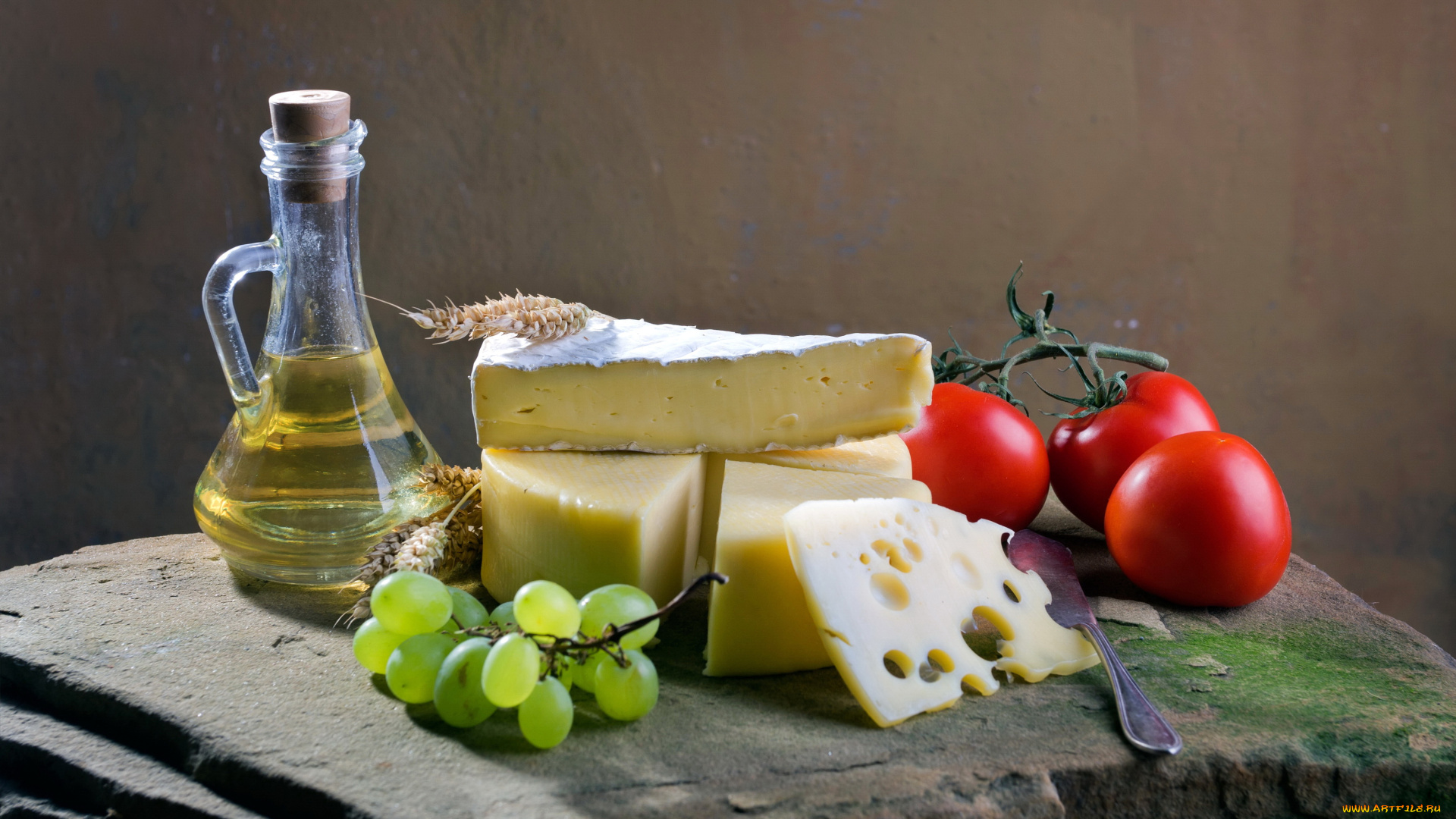 еда, натюрморт, бутылка, виноград, помидоры, сыр, томаты