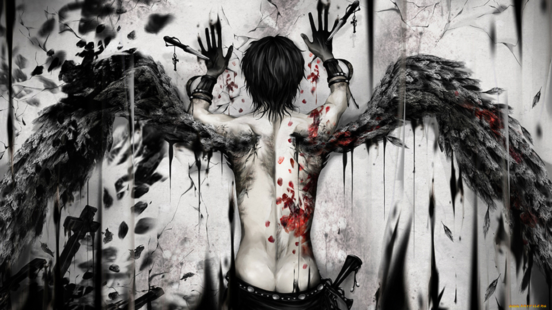 фэнтези, ангелы, спина, крылья, арт, парень, кровь, ангел