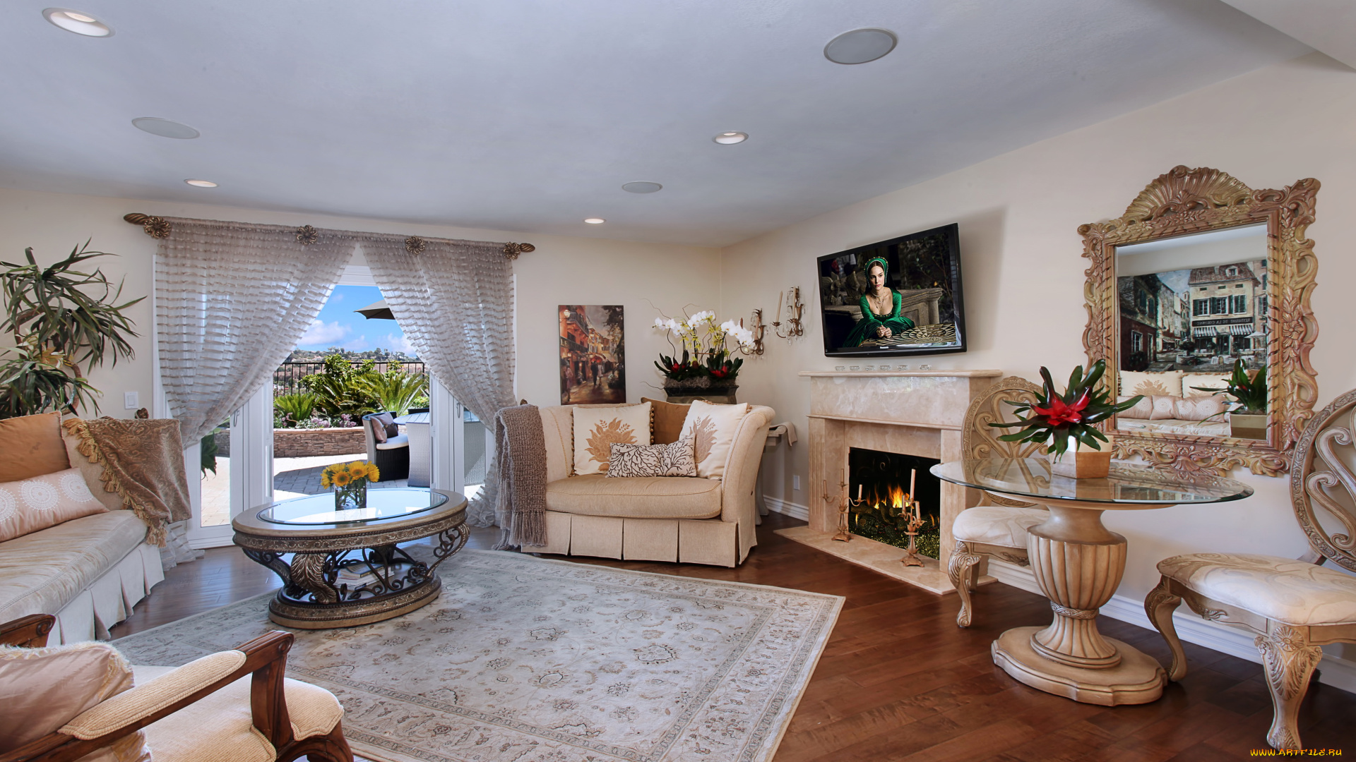 интерьер, гостиная, диван, шторы, камин, кресло, стол, ковер