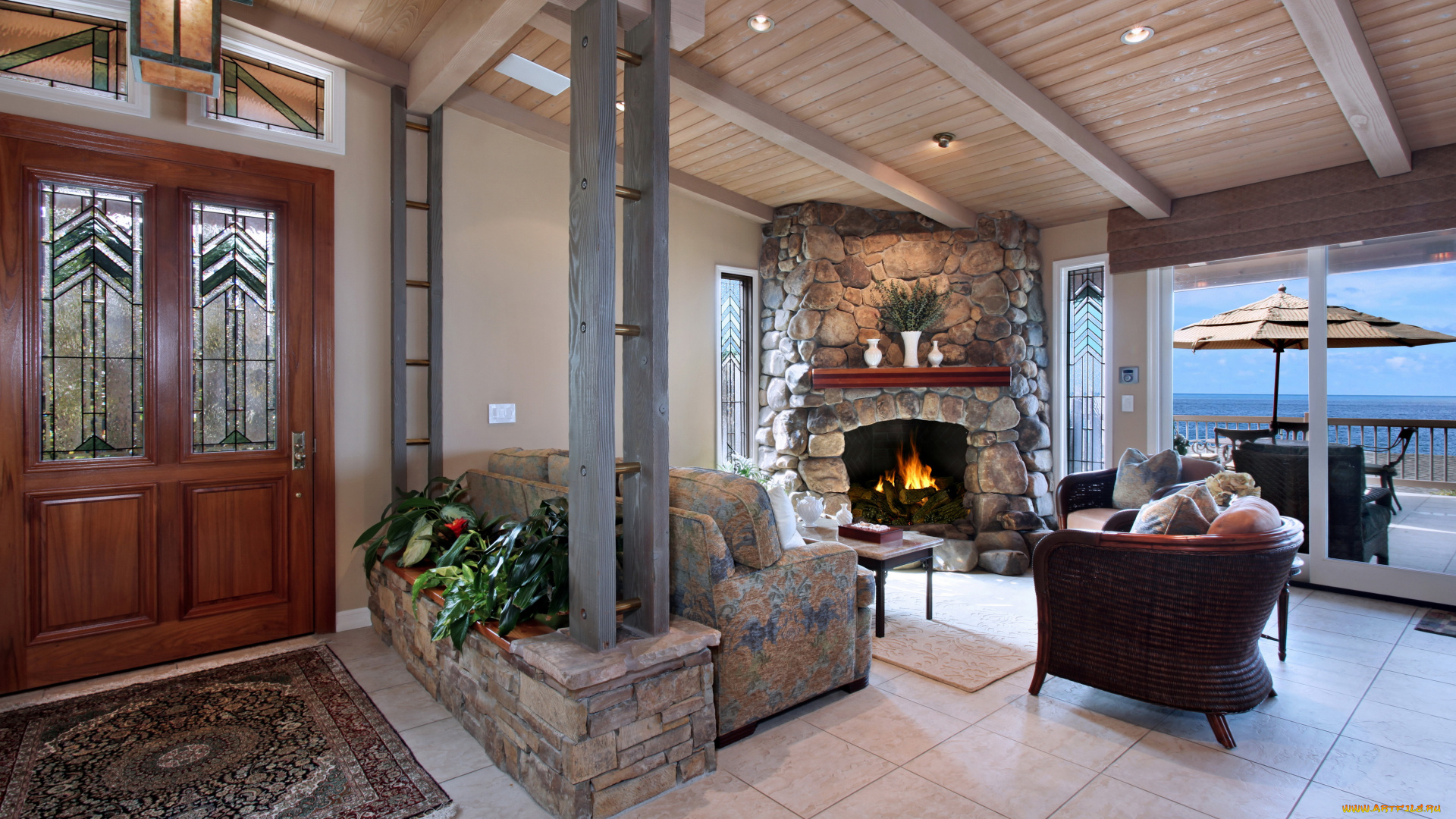 интерьер, гостиная, камин, дизайн, кресло