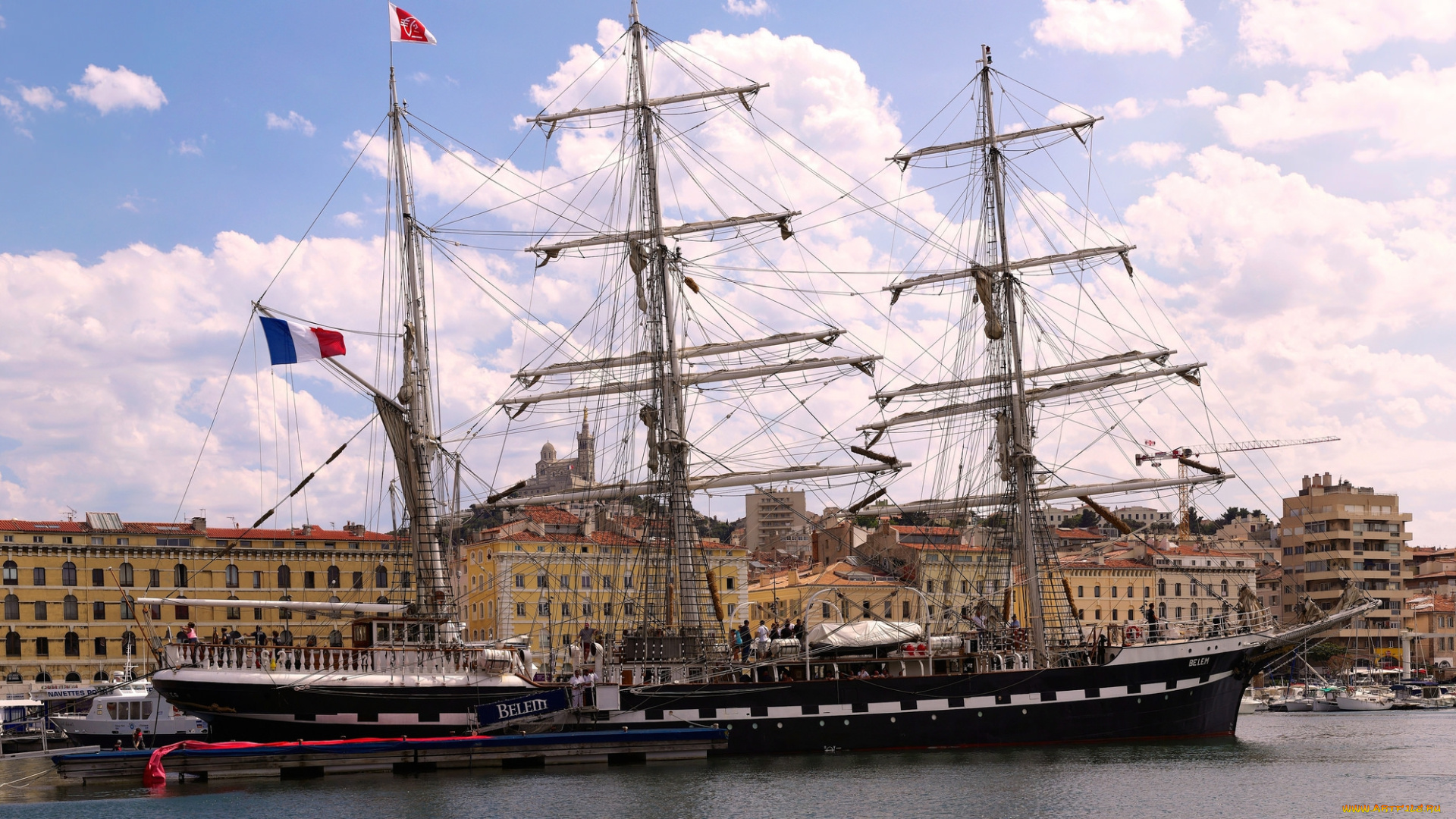 корабли, парусники, город, корабль, причал