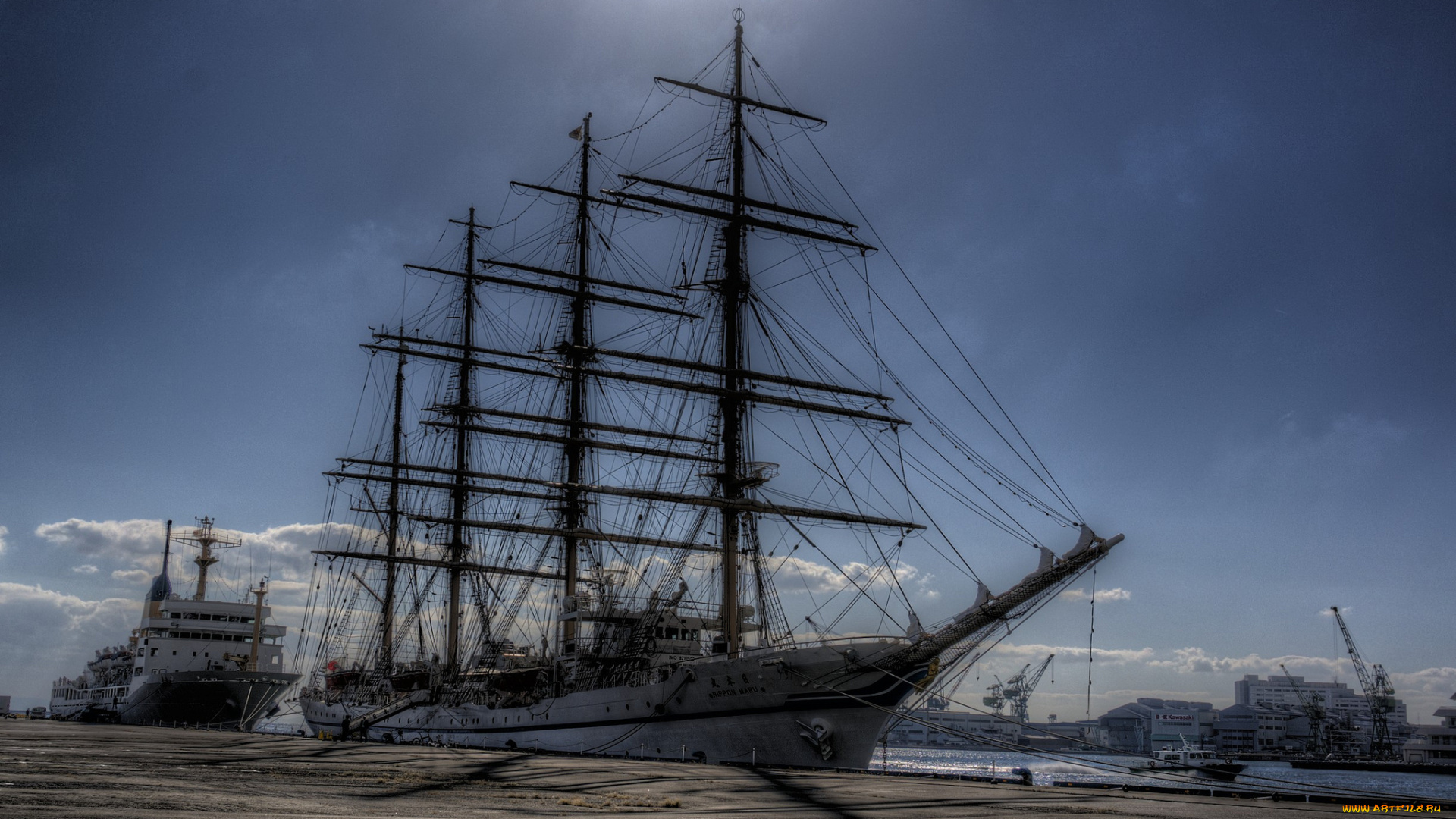 корабли, разные, вместе, причал, парусник, сухогруз