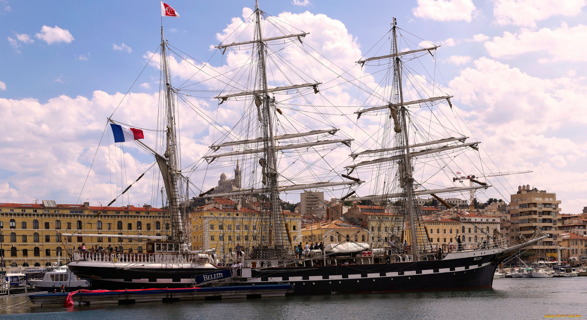 корабли, парусники, город, корабль, причал