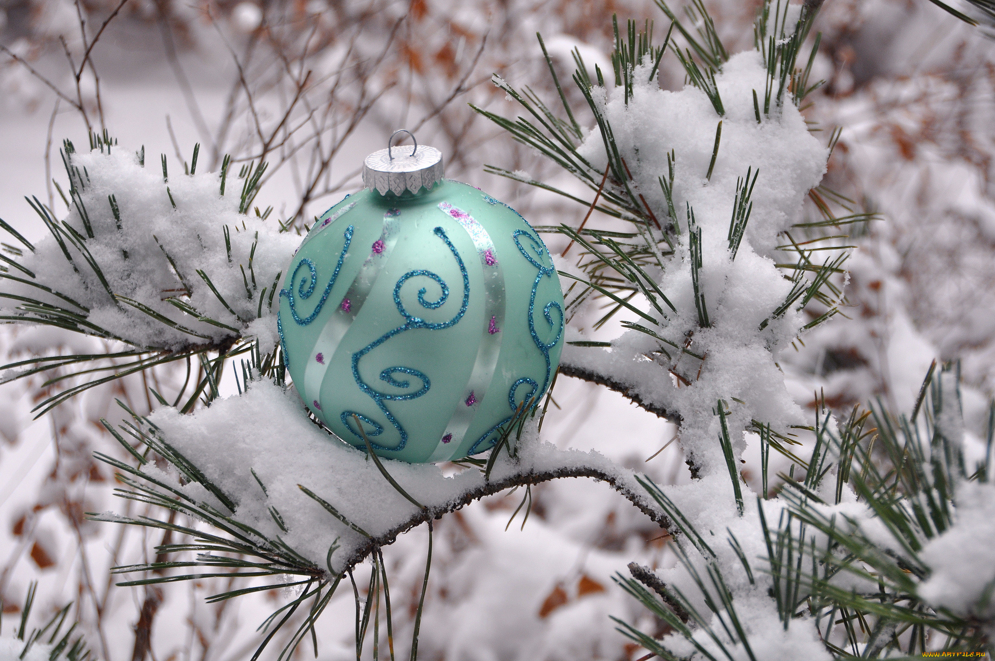 праздничные, украшения, рождество, новый, год, украшение, шар, иголки, сосна, снег, зима