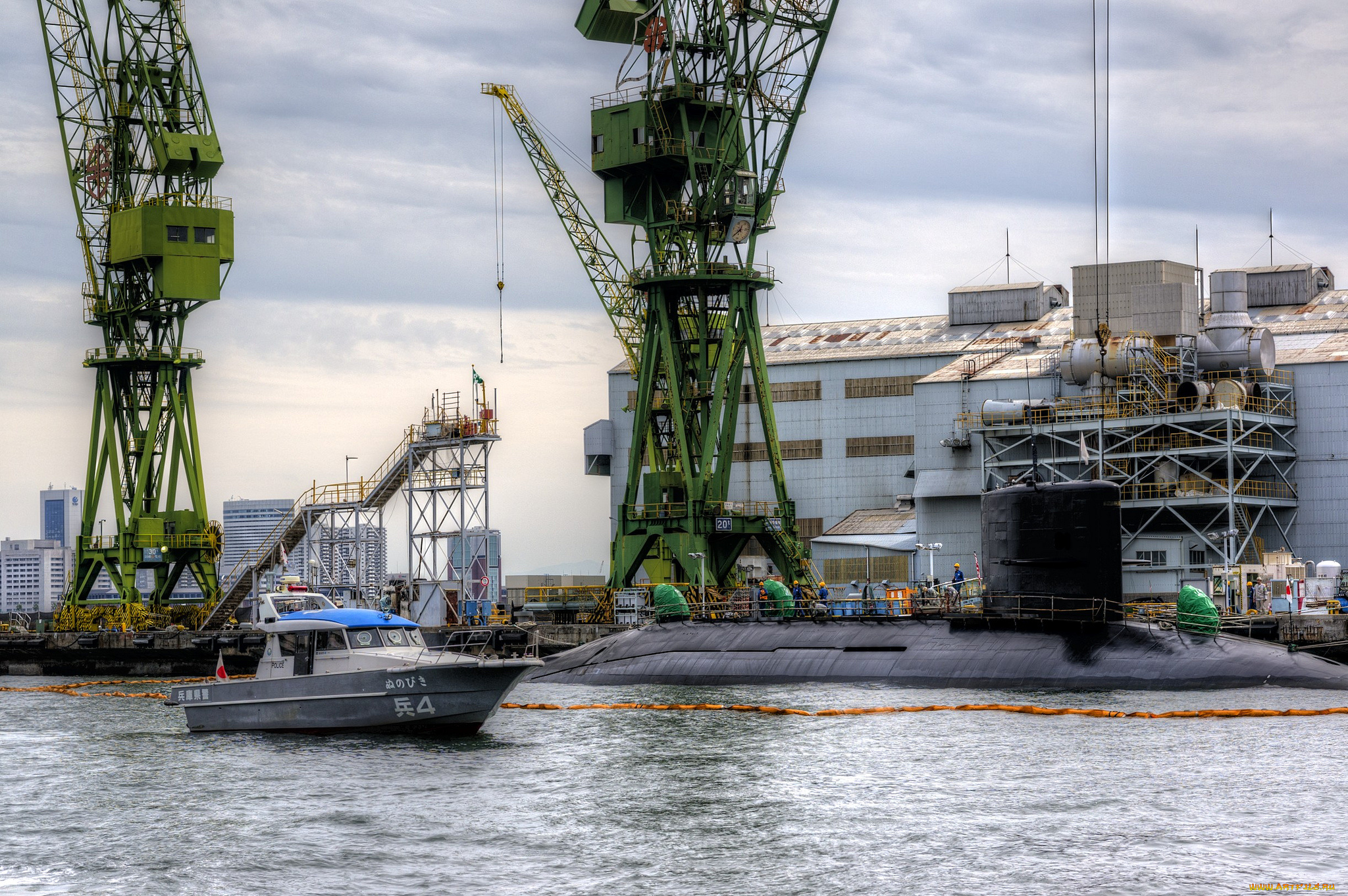 корабли, разные, вместе, субмарина, катер, порт