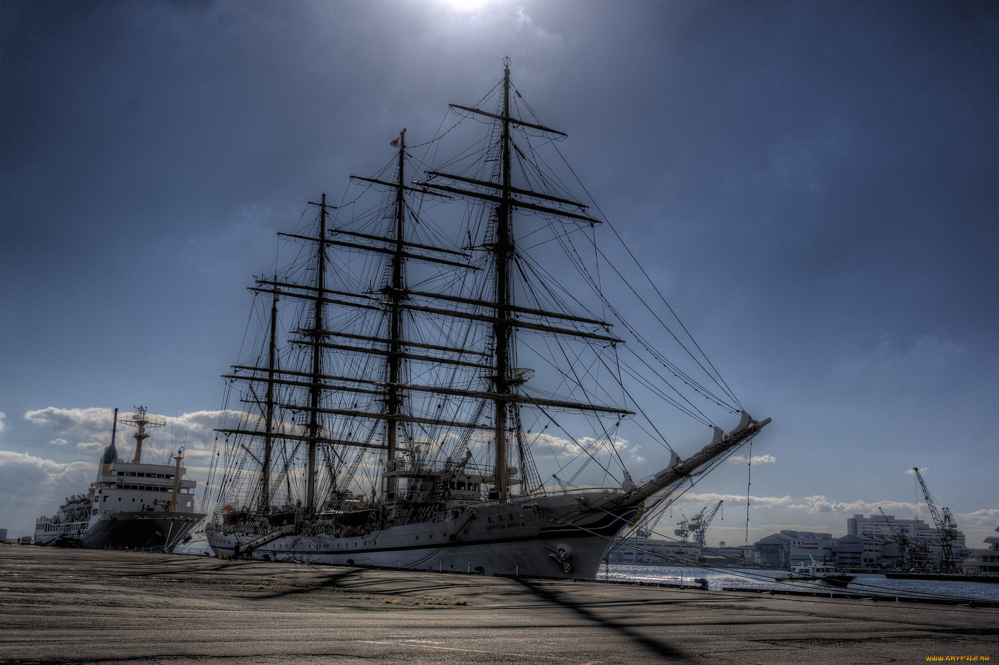 корабли, разные, вместе, причал, парусник, сухогруз