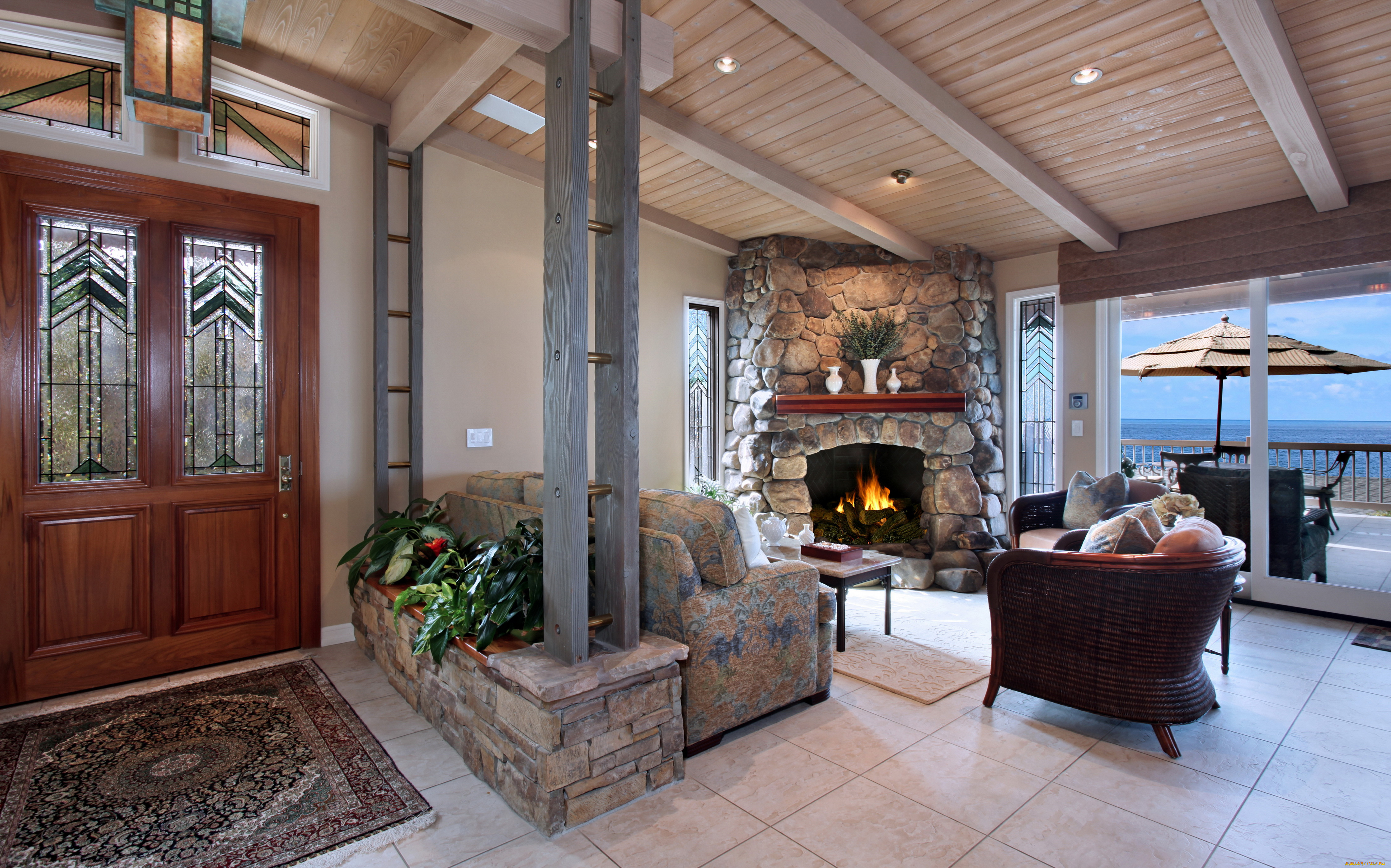 интерьер, гостиная, камин, дизайн, кресло