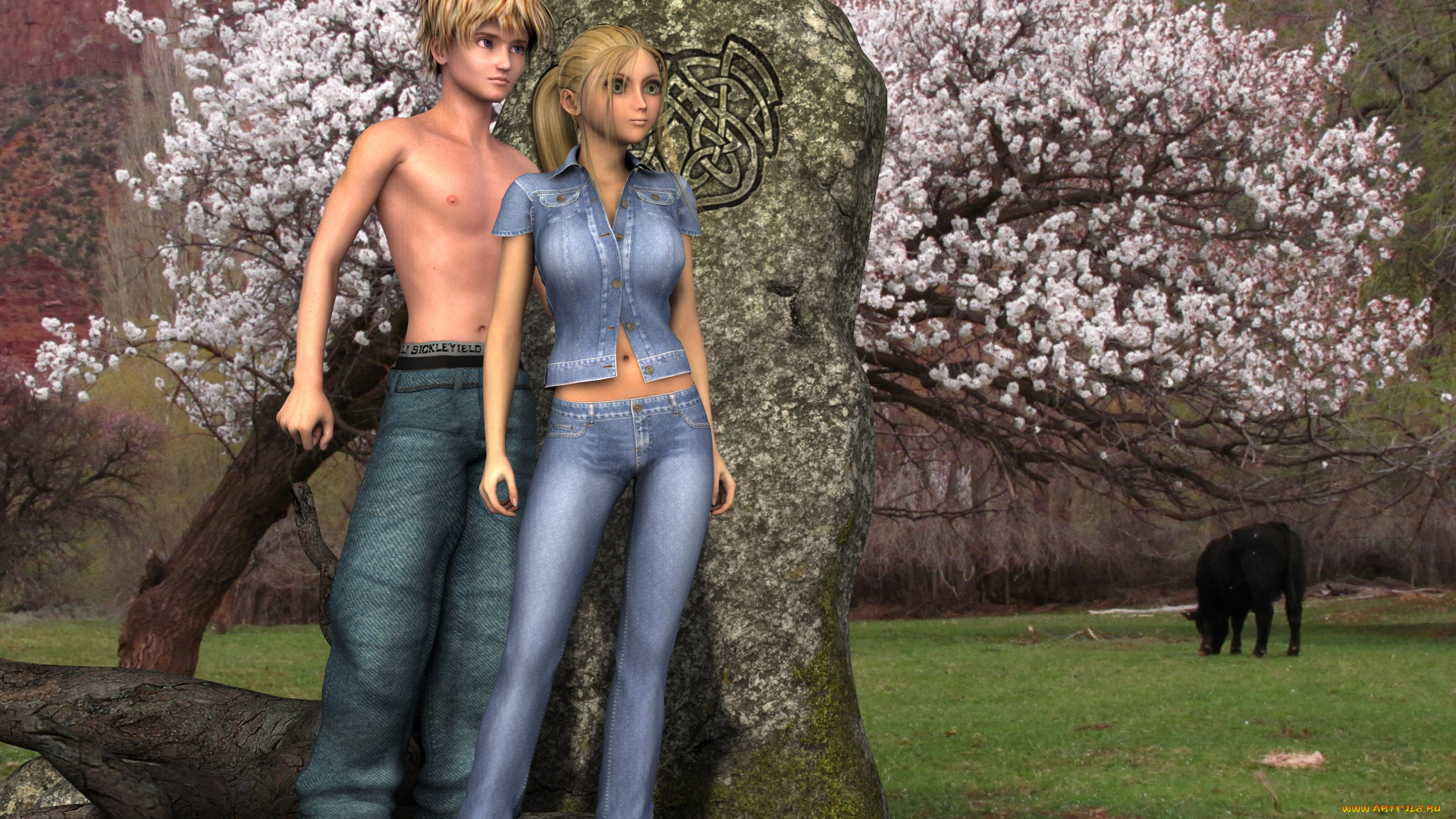 3д, графика, люди, , people, девушка, сакура, парень, фон, взгляд