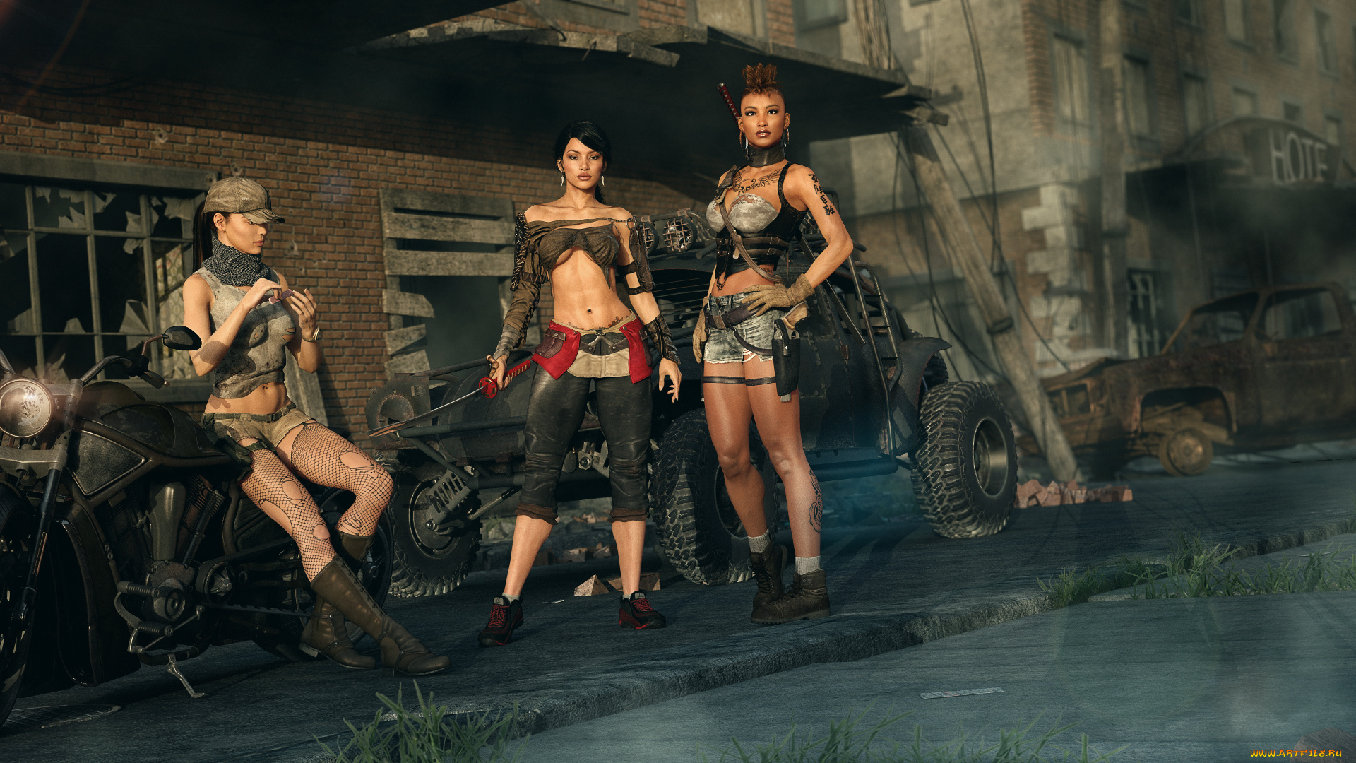 3д, графика, люди, , people, девушки, взгляд, фон, автомобиль