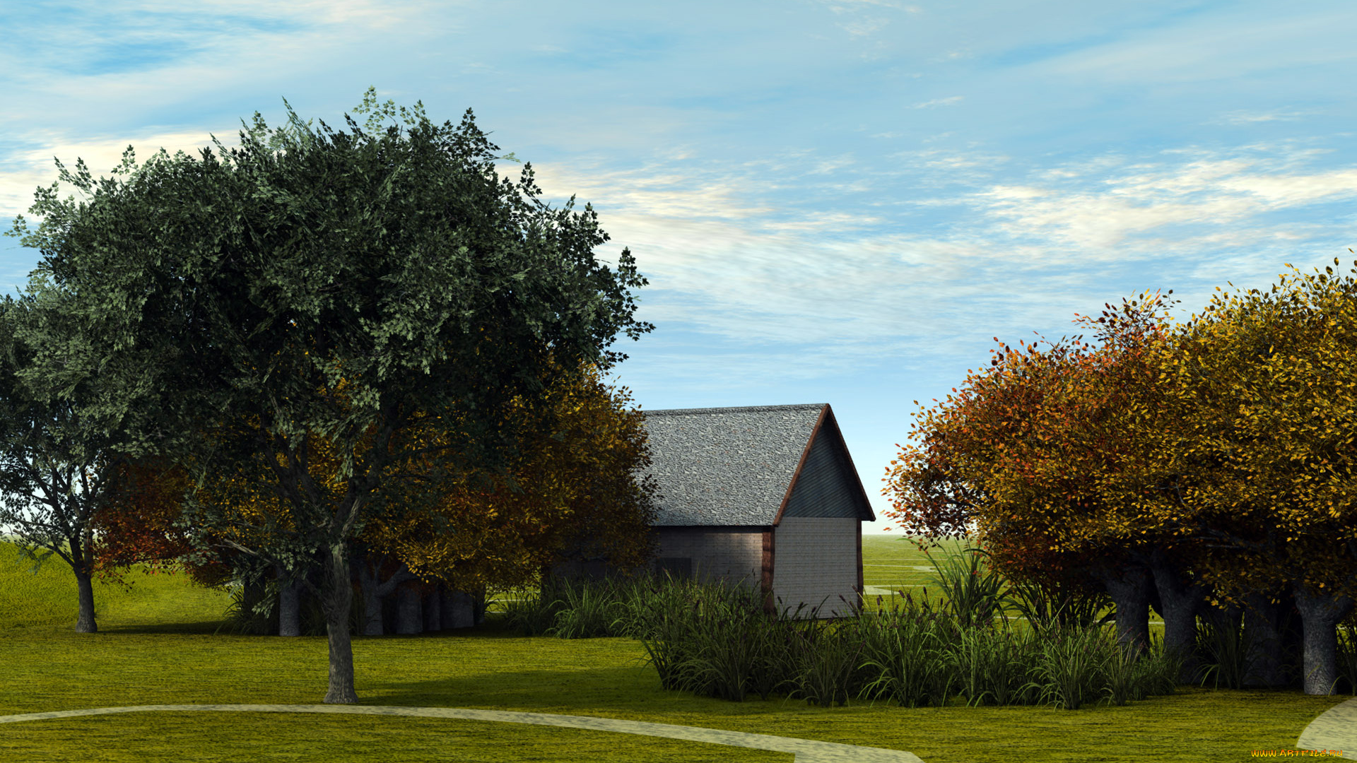 3д, графика, природа, , nature, дом, деревья, дорога, облака