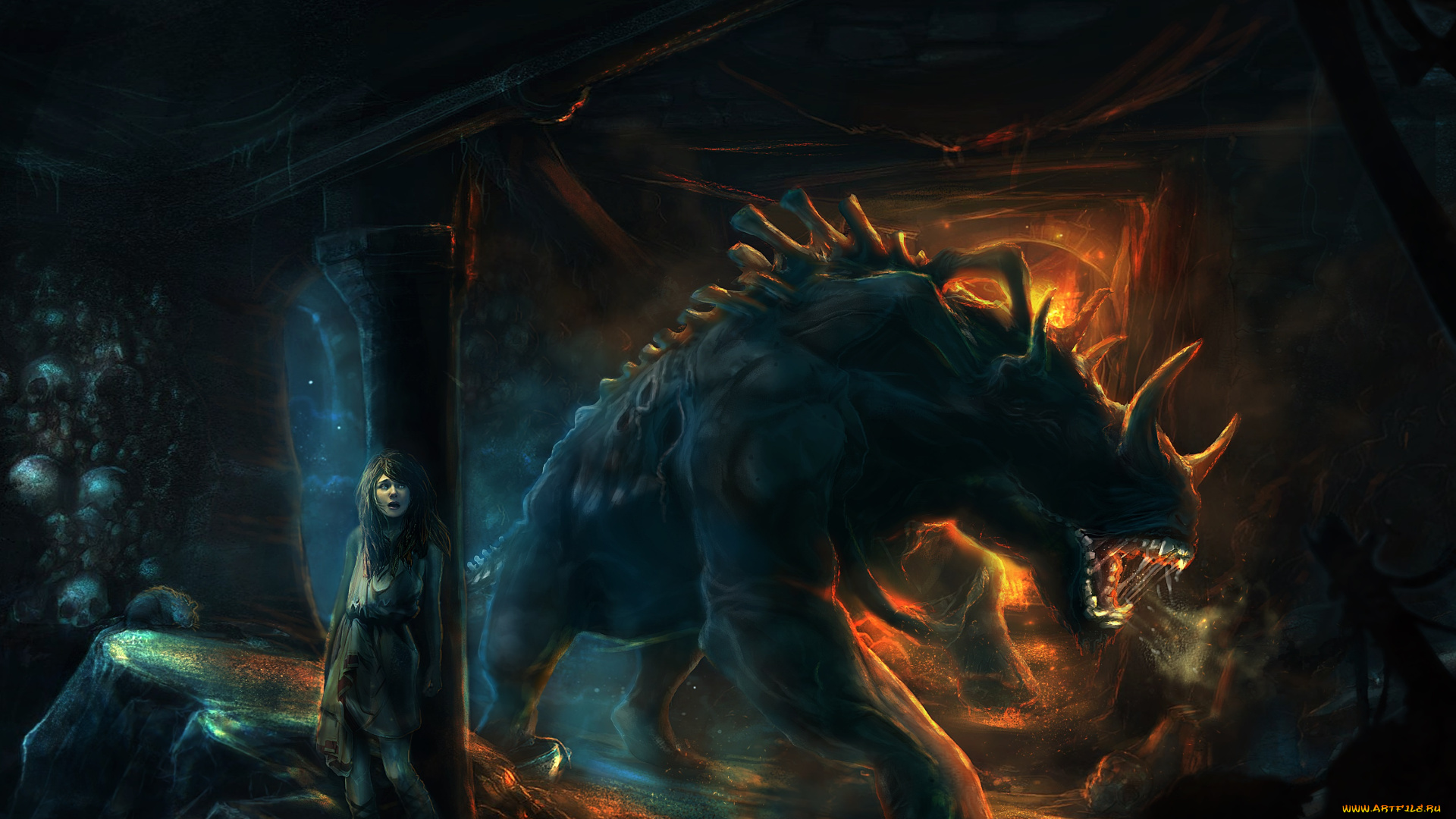 фэнтези, красавицы, и, чудовища, монстр, девушка, кости, пещера, штольня, чудовище