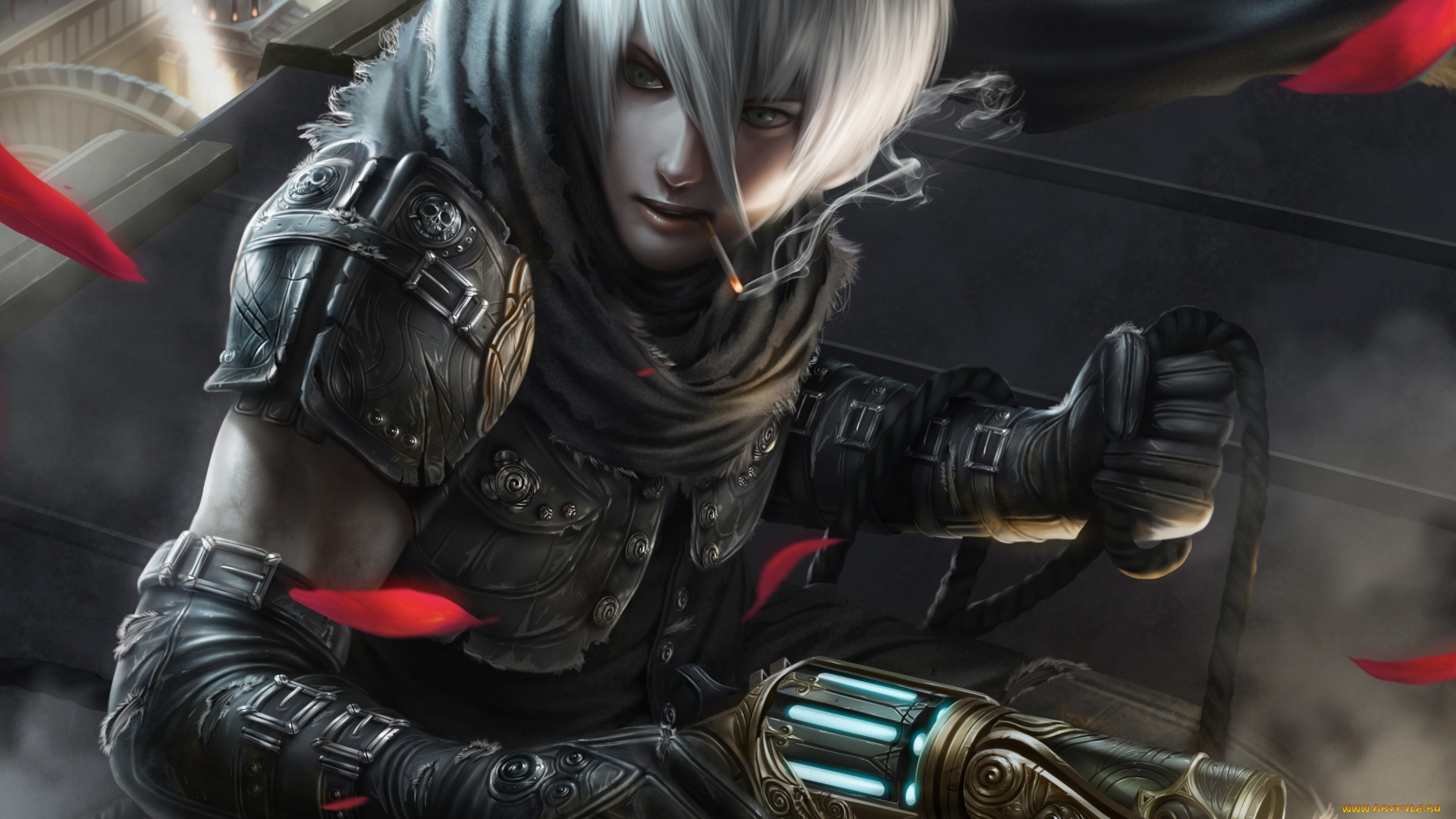 фэнтези, люди, парень, белые, волосы, пистолет, сигарета