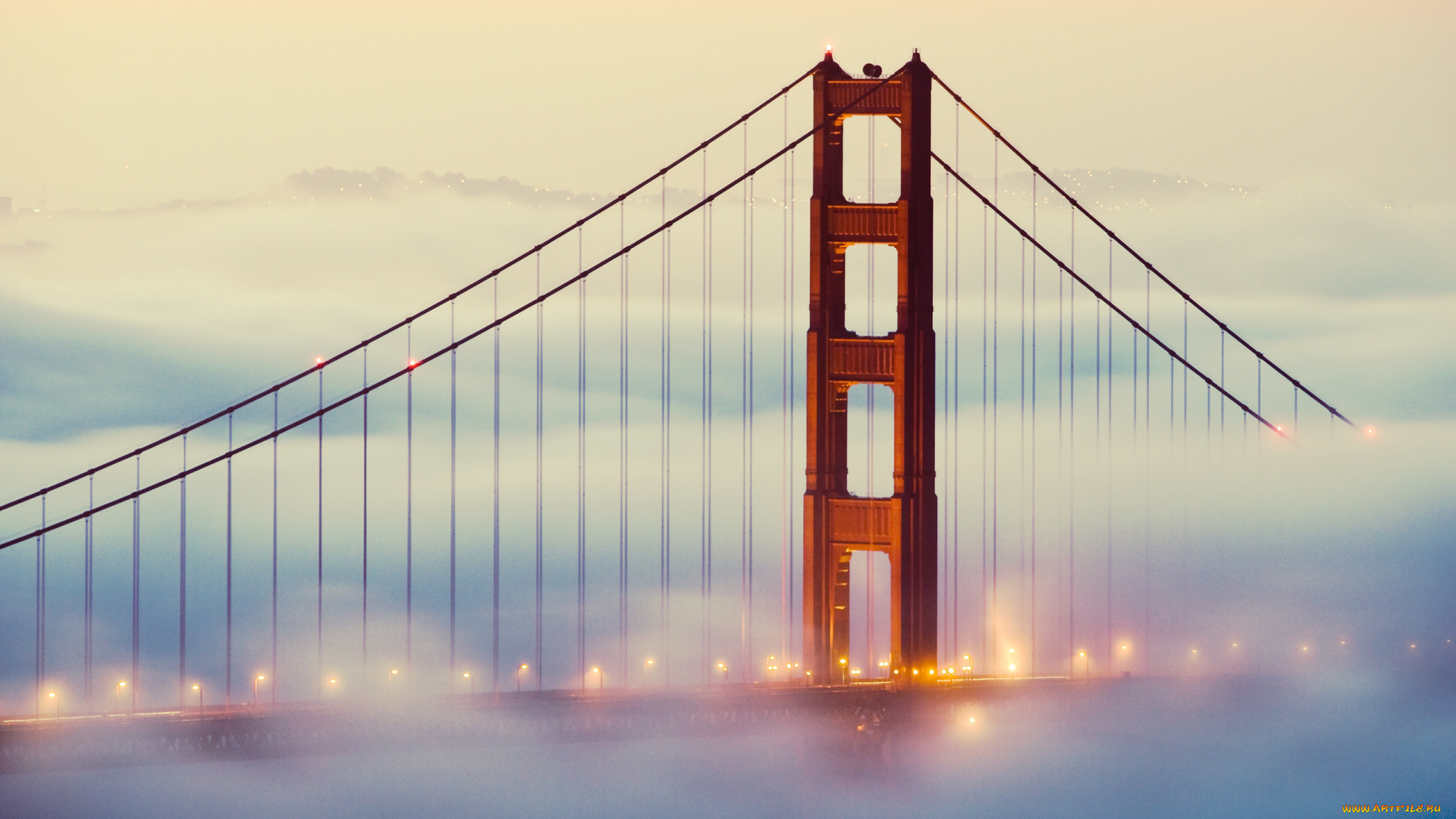 города, -, мосты, туман, мост, огни