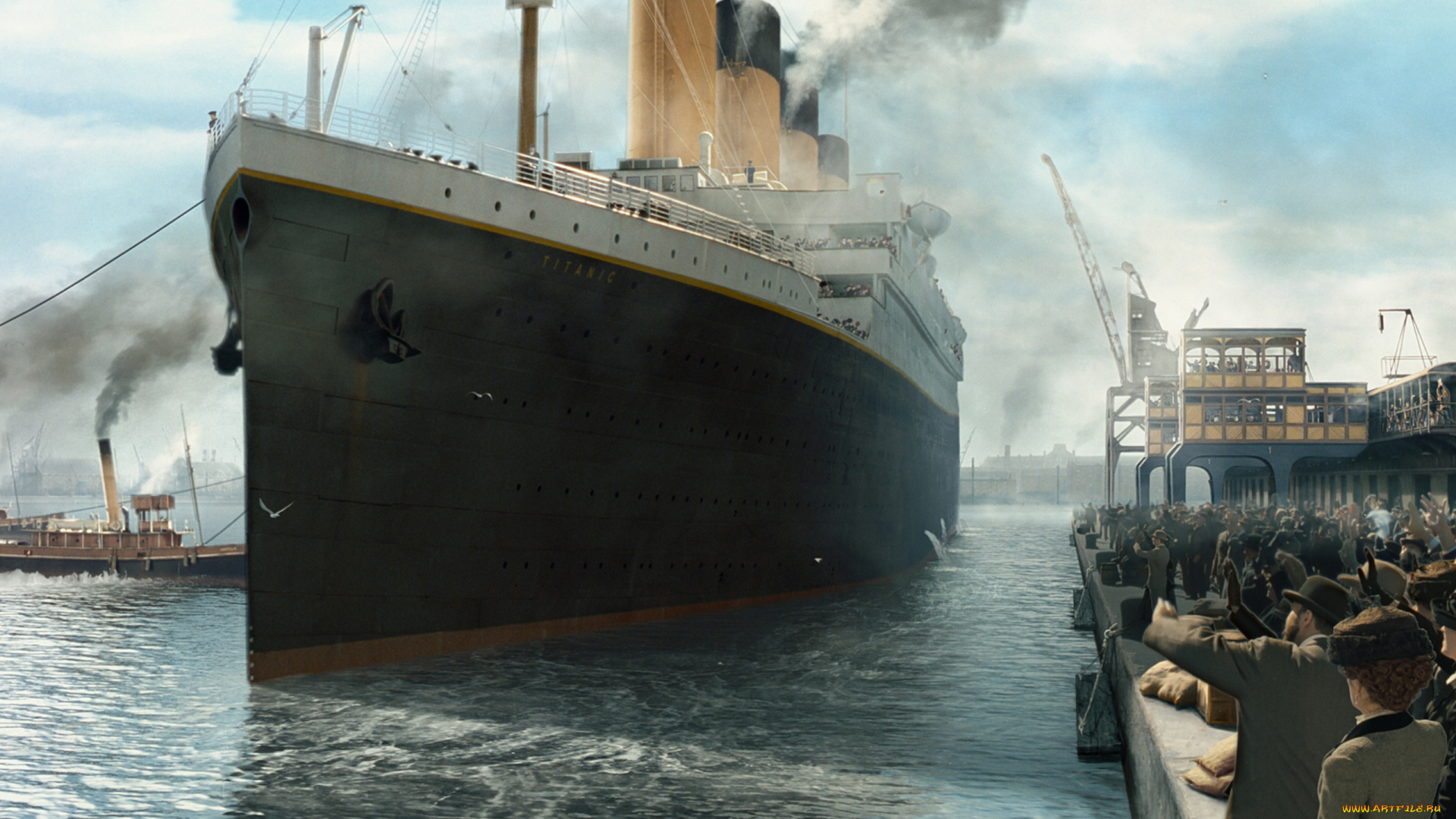 корабли, рисованные, люди, гавань, корабль, титаник