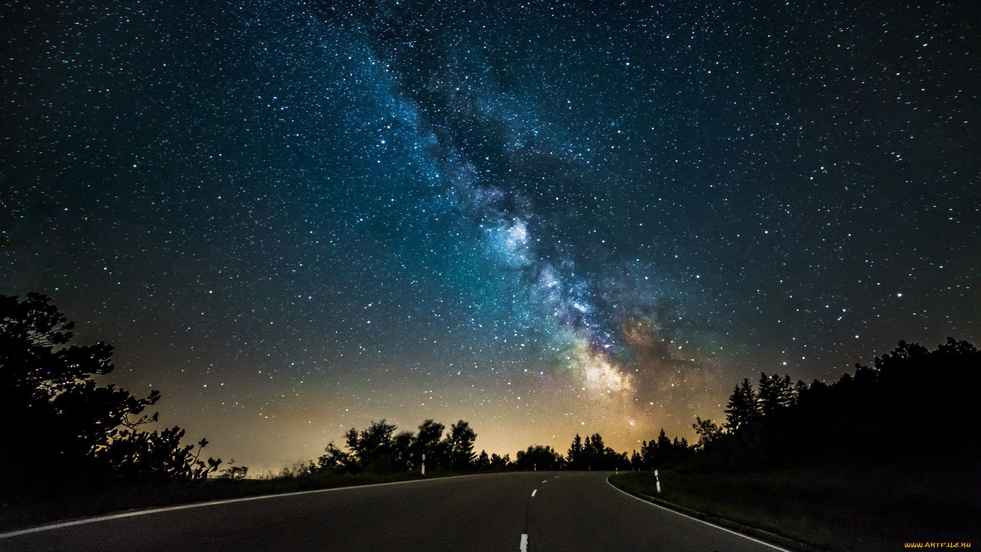 космос, галактики, туманности, дорога, деревья, звезды, млечный, путь