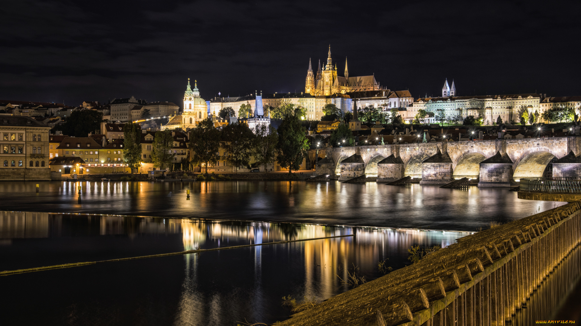 prague, города, прага, , Чехия, огни, мост, река, ночь